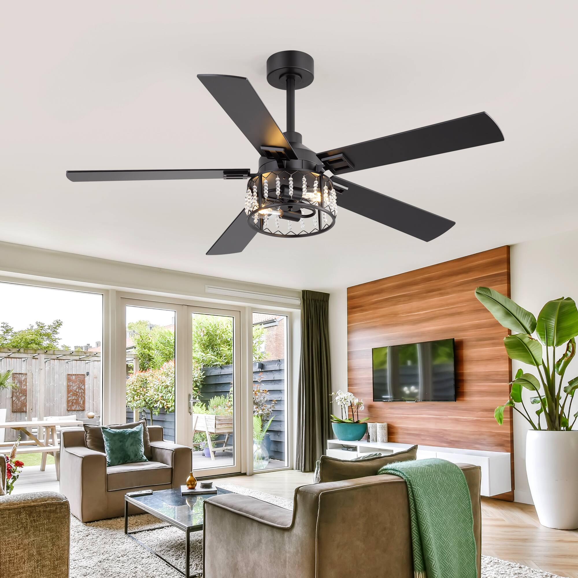 Alt View 1. Breezary - 52-Inch Ceiling Fan with Light, Crystal Cage Shade, Dual-Color Reversible Plywood Blades, DC Motor, 2 Downrods - black and walnut.