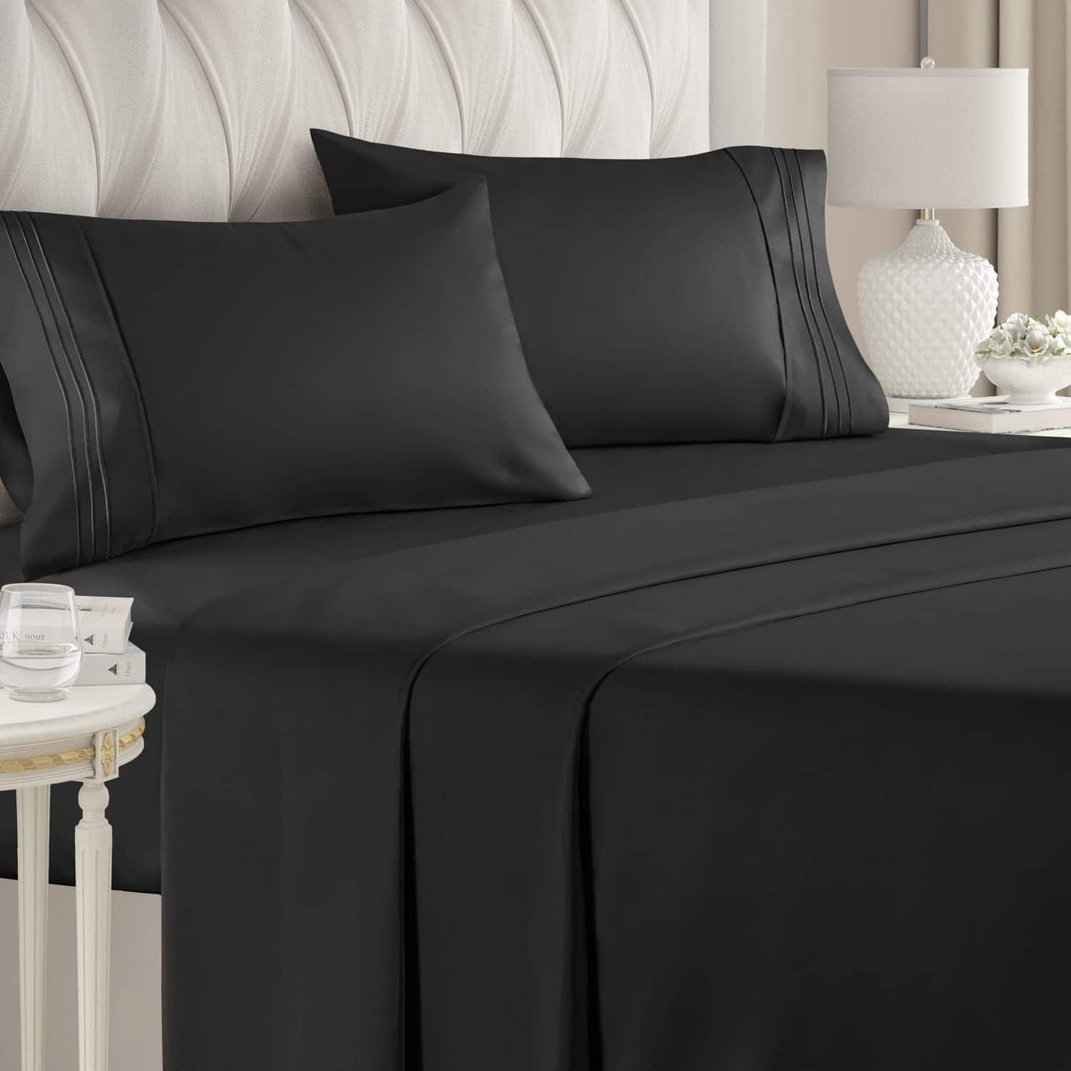 CGK Linens - Luxury Soft 4 Piece Solid Bed Sheet Set - Deep Pocket Fits 8"-16" Mattresses - Full - Black