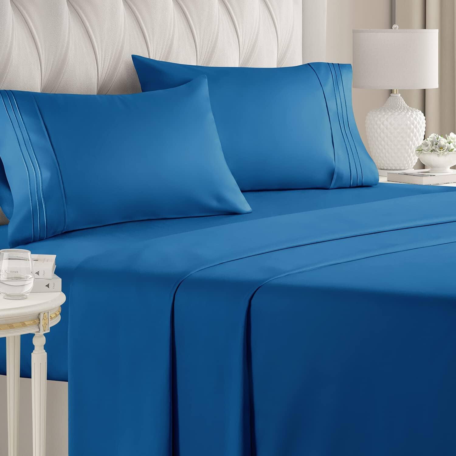 Front. CGK Linens - Luxury Soft 4 Piece Solid Bed Sheet Set - Deep Pocket Fits 8"-16" Mattresses - Queen - Royal Blue.