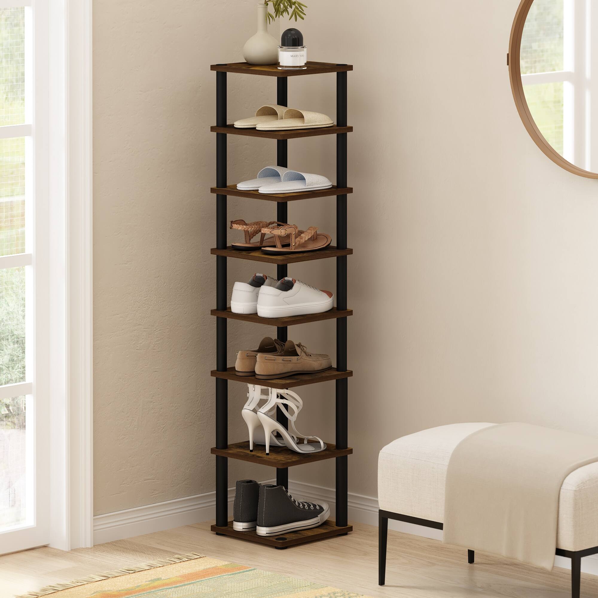 Alt View 5. Furinno - Turn-N-Tube 8-Tier Vertical Space Saving Free Standing Shoe Tower, Shoe Rack for Closet Entryway - Amber Pine/Black.