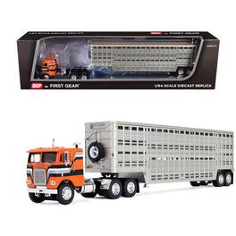 Freightliner COE and 45' Wilson Vintage Livestock Trailer Orange with Stripes 1/64 Diecast Model by First Gear