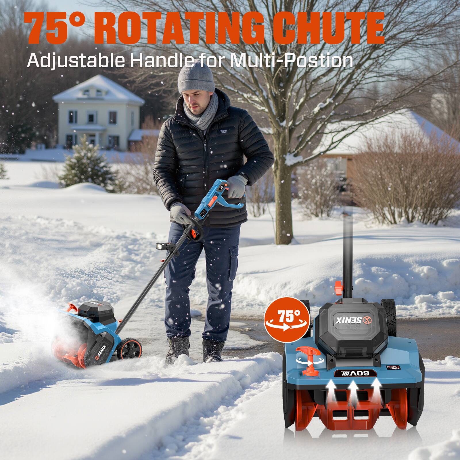 75° ROTATING CHUTE  
Adjustable Handle for Multi-Position