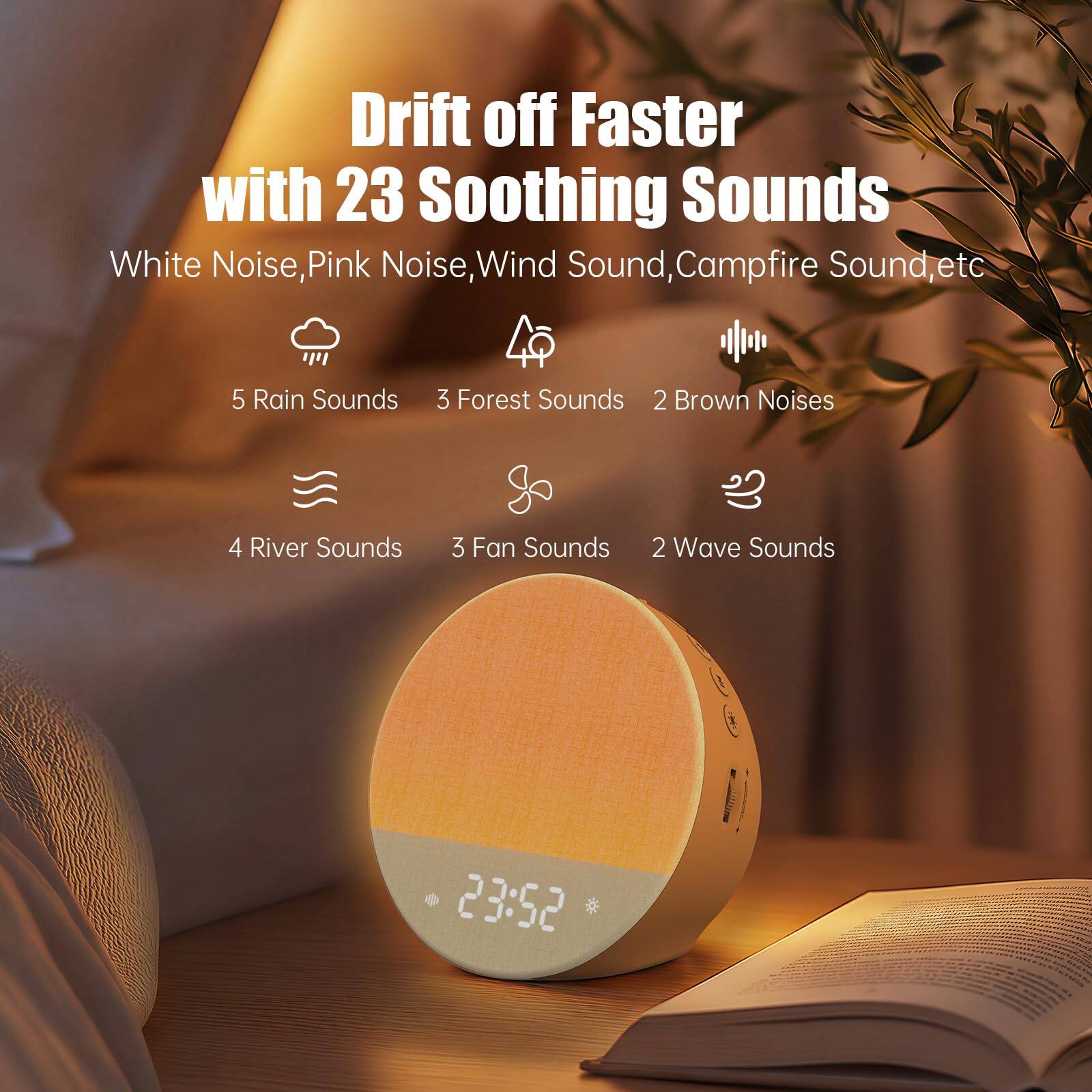 Drift off Faster with 23 Soothing Sounds

White Noise, Pink Noise, Wind Sound, Campfire Sound, etc

5 Rain Sounds
3 Forest Sounds
2 Brown Noises
4 River Sounds
3 Fan Sounds
2 Wave Sounds

23:52