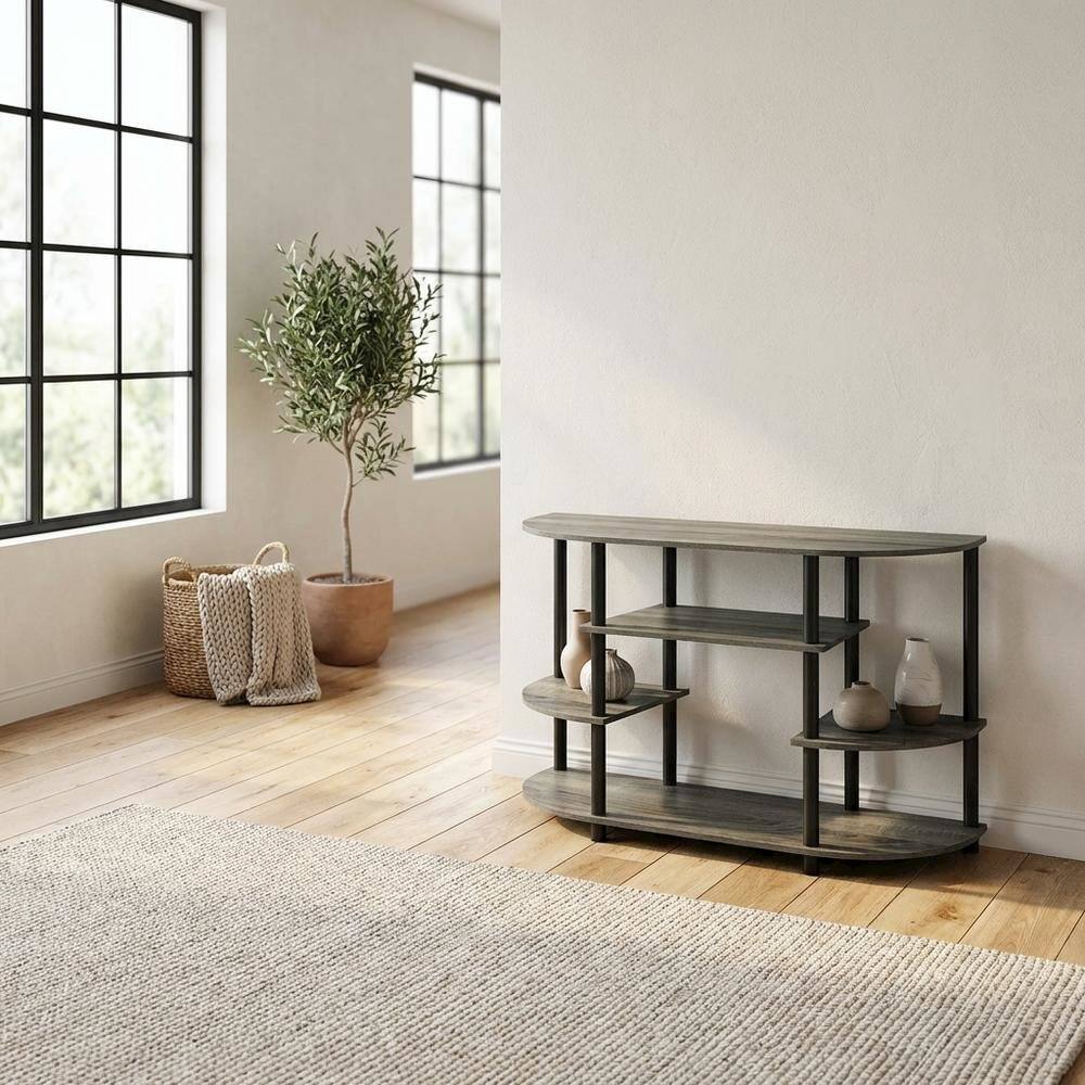Alt View 2. FurniFact - Corner TV stand in French Oak Grey/Black, durable composite wood, plastic - Gray Black.