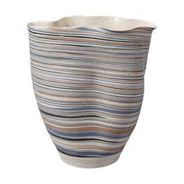 Manhattan Lane - Kerya Decorative Vase, 13 Inch Striped, Wavy Rim Porcelain - Blue, White
