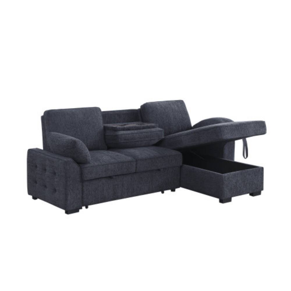 Back. LUCKY ONE - 91" Charcoal Chenille Reversible Sleeper Sectional with Storage Chaise, Drop-Down Table, Cupholders - Charcoal.