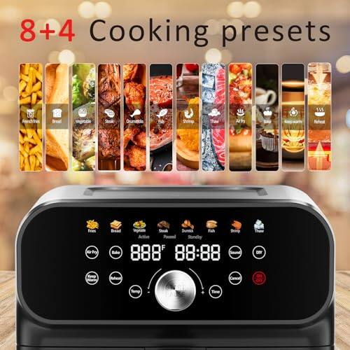 8+4 Cooking presets

- Fettuccine
- Bratwurst
- Vegetable Stir Fry
- Drumsticks
- Fish
- Shrimp
- Thaw
- Air Fry
- Bread
- Vegetables
- Steak
- Chicken
- Pork
- Stuffed Chicken
- Bake
- 888°
- 88:88
- Sound
- Thaw
- Keep Warm
- Variable
- Reheat
- Temp
- 681
- TATE
- Time
- Cancel
- ON/OFF