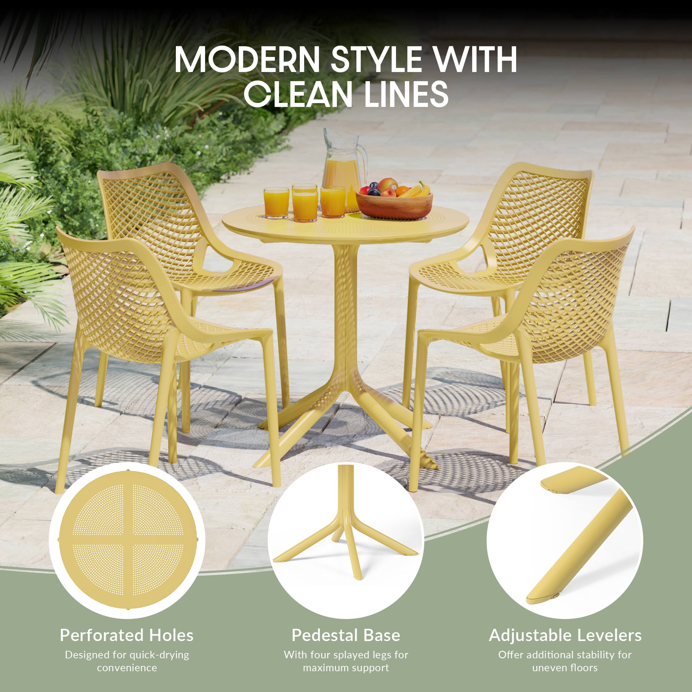 MODERN STYLE WITH CLEAN LINES

Perforated Holes
Designed for quick-drying convenience

Pedestal Base
With four splayed legs for maximum support

Adjustable Levelers
Offer additional stability for uneven floors