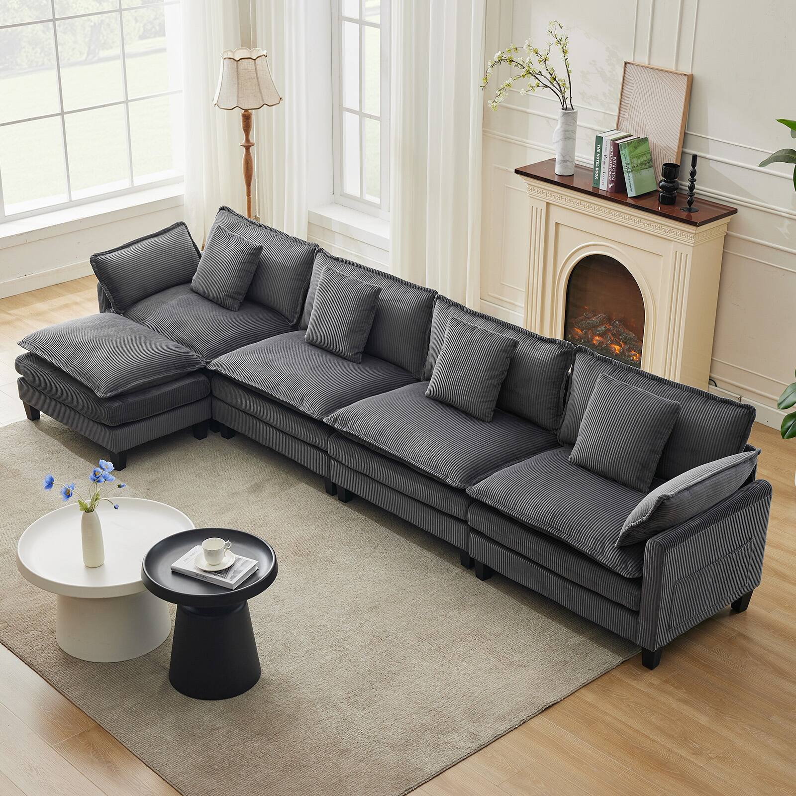 Alt View 1. Babevy - Modern Modular Sectional Sofa with Ottoman and Throw Pillows Deep Seat Corduroy L Shaped Couch - Gray.