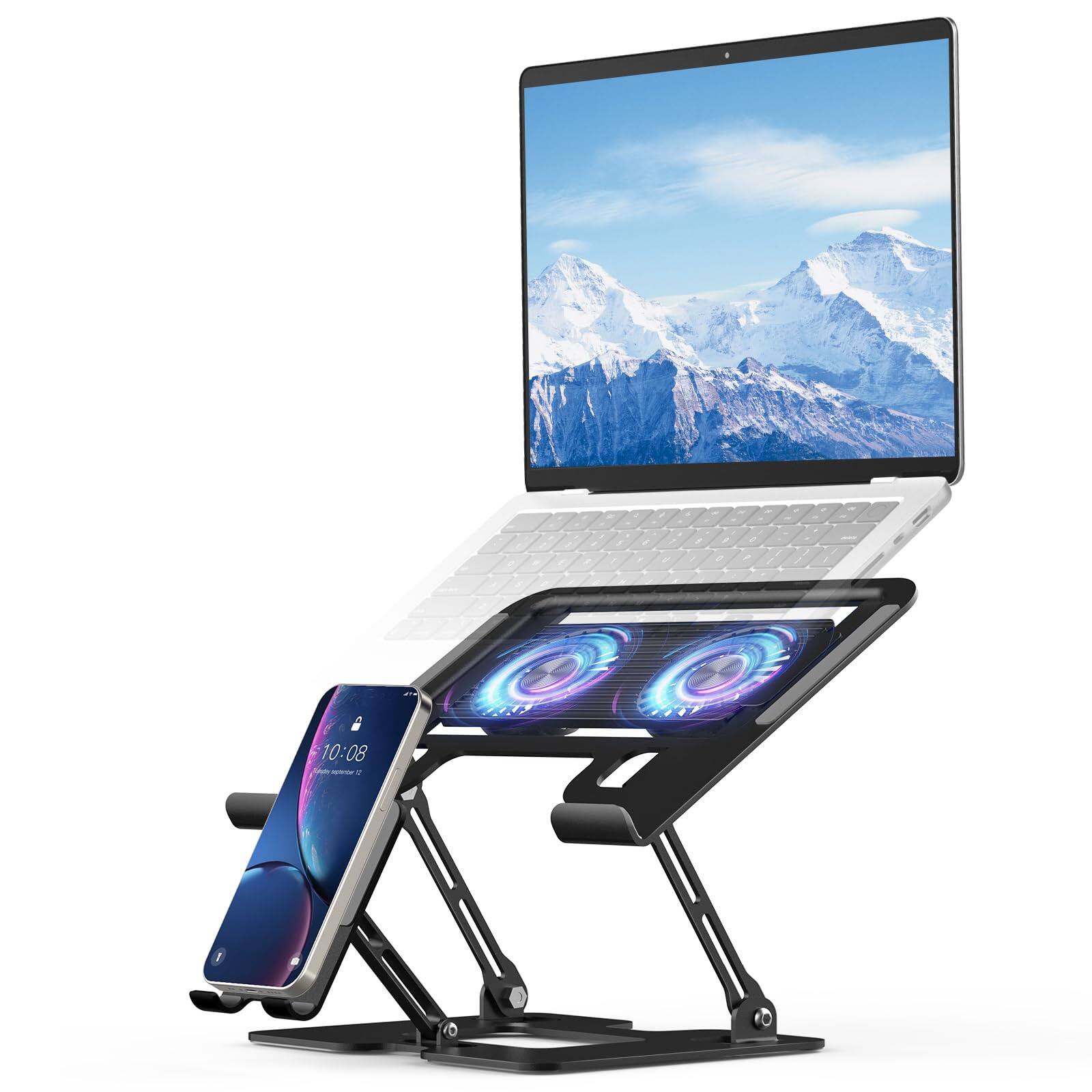 Front. HongFei - Laptop Cooling Stand with Detachable Fan, 2-IN-1 Stand with Phone Holder and Silent Fans, Adjustable Height and Angle - Black.