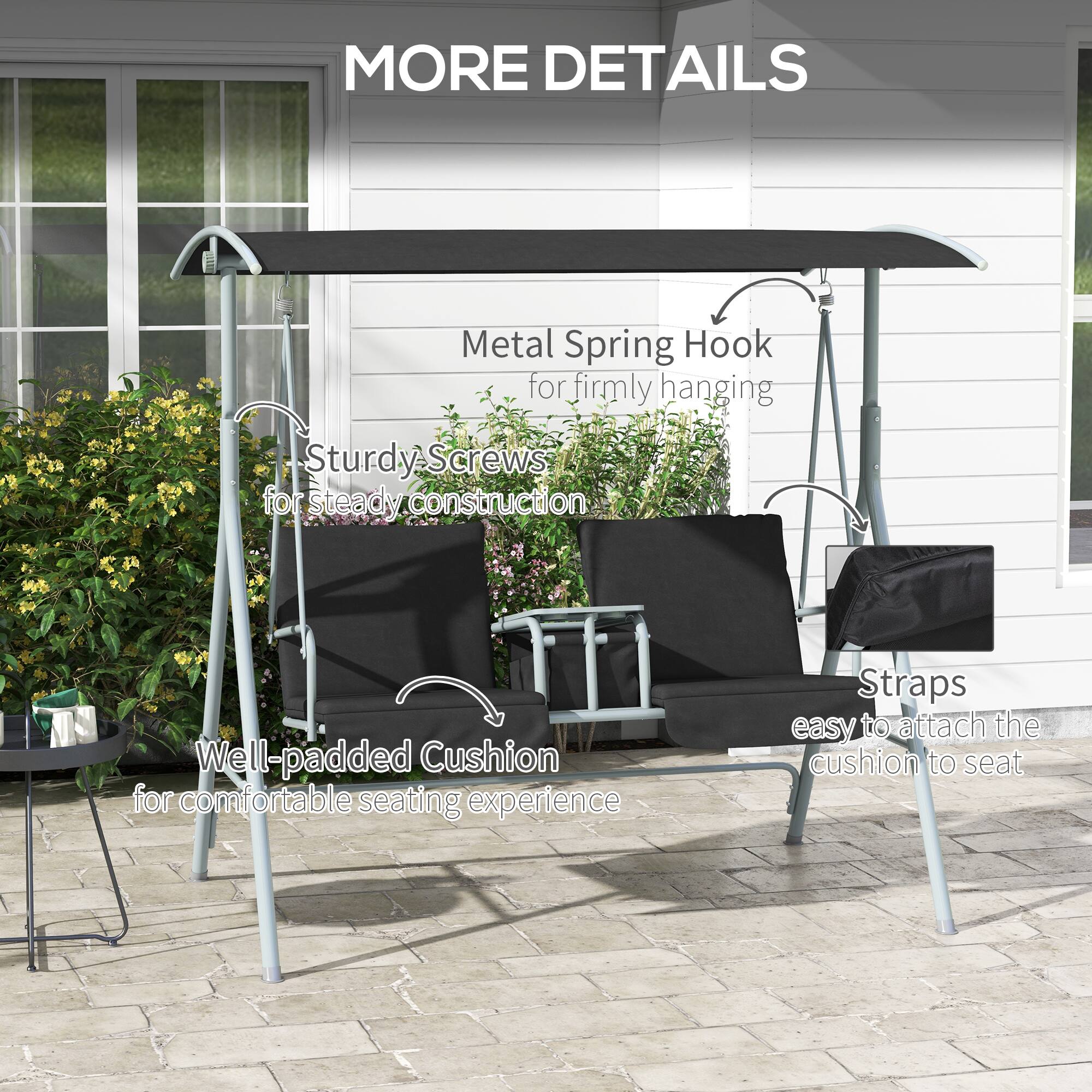 Here is the corrected and grouped text:

- Metal Spring Hook for firmly hanging
- Sturdy Screws for steady construction
- Well-padded Cushion for comfortable seating experience
- Straps easy to attach the cushion to seat