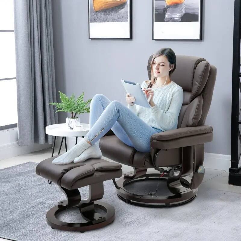 Back. Hivvago - Adjustable Faux Leather Remote Massage Recliner Chair w/ Ottoman - Brown.