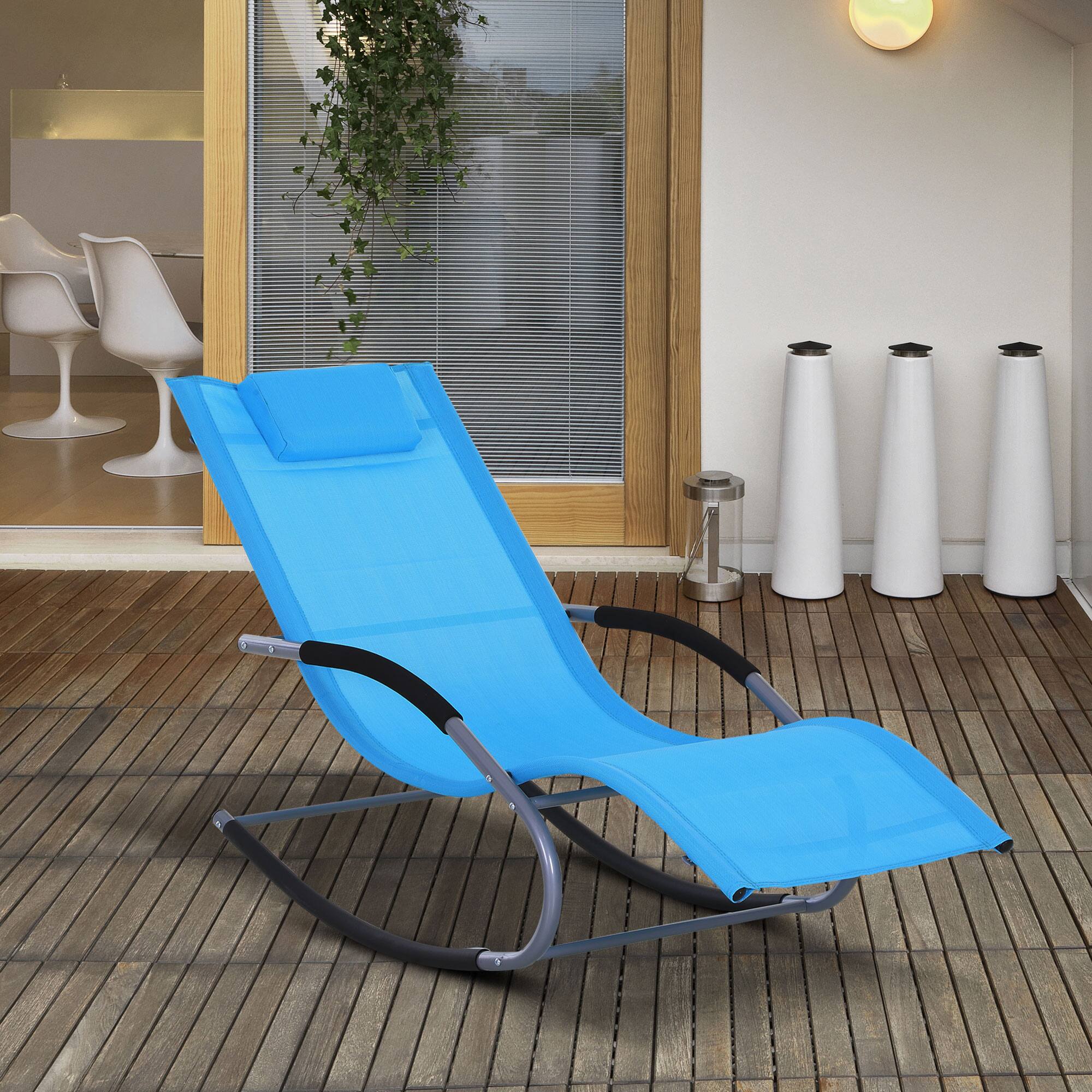 Angle. Outsunny - Zero Gravity Rocking Chair Outdoor Chaise Lounge Chair Recliner Rocker with Detachable Pillow - Blue.