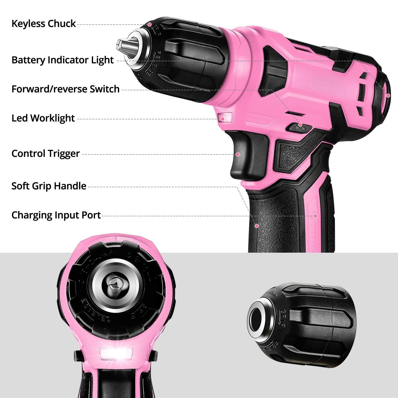 - Keyless Chuck
- Battery Indicator Light
- Forward/reverse Switch
- Led Worklight
- Control Trigger
- Soft Grip Handle
- Charging Input Port