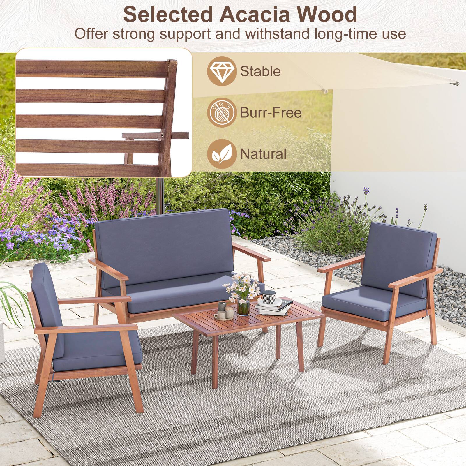 Selected Acacia Wood
Offer strong support and withstand long-time use
Stable
Burr-Free
Natural