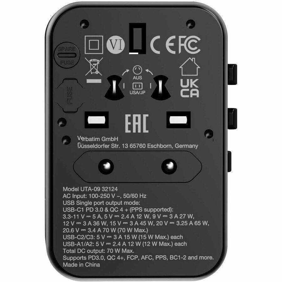 Verbatim GmbH  
Düsseldorf Str. 13, 65760 Eschborn, Germany  

Model UTA-09 32124  
AC Input: 100-250 V ~, 50/60 Hz  

USB Single port output mode:  
USB-C1 PD 3.0 & QC 4+ (PPS supported):  
3.3-11 V - 5 A, 5 V - 2.4 A (12 W Max.),  
9 V - 3 A (27 W),  
12 V - 3 A (36 W),  
15 V - 3 A (45 W),  
20 V - 3.25 A (65 W),  
20.6 V - 3.4 A (70 W Max.)  

USB-C2/C3: 5 V - 3 A (15 W Max.) each  
USB-A1/A2: 5 V - 2.4 A (12 W Max.) each  

Total DC output: 70 W Max.  

Supports PD3.0, QC 4+, FCP, AFC,
