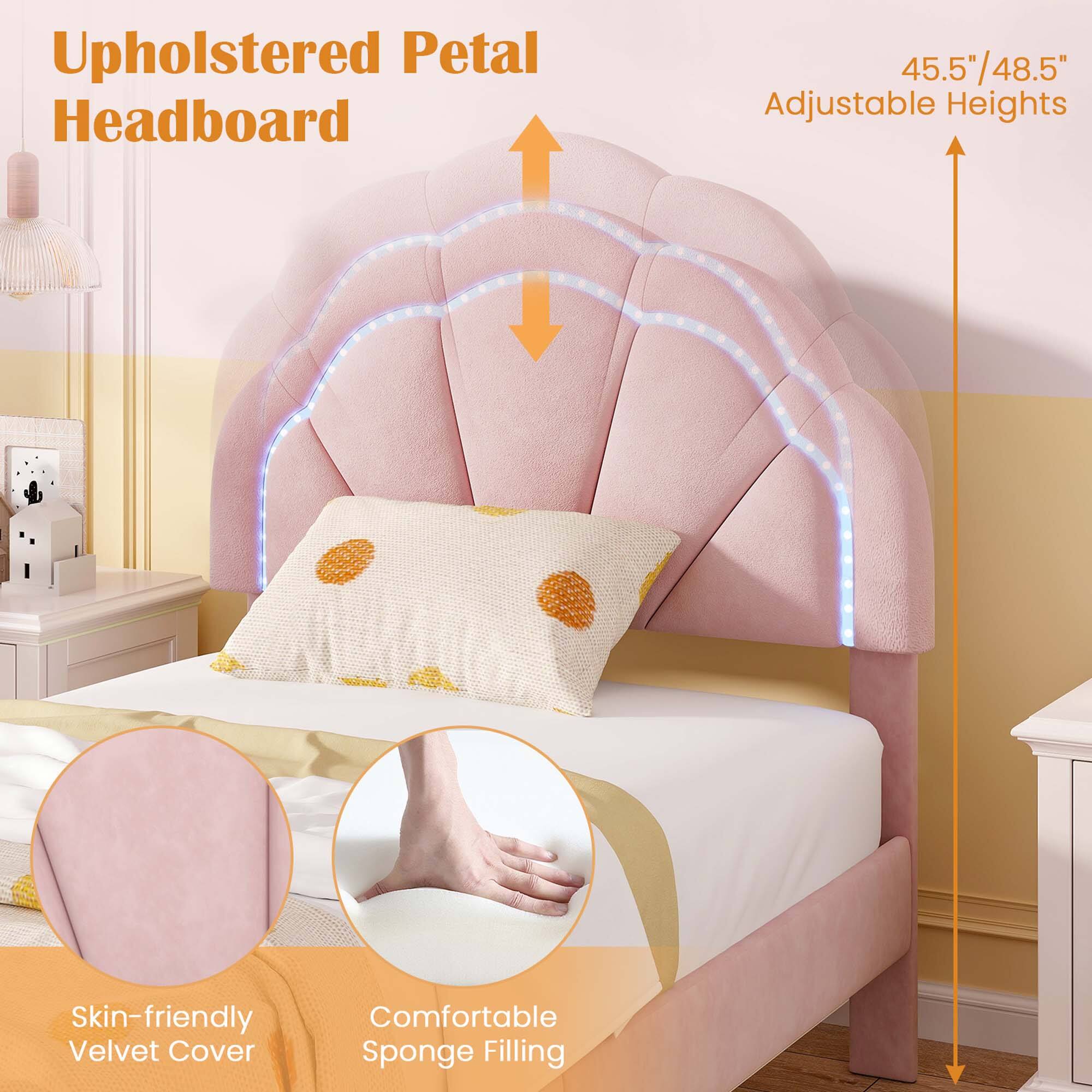 The text on the image reads: "Upholstered Petal Headboard 45.5"/48.5 Adjustable Heights Skin-friendly Velvet Cover Comfortable Sponge Filling."