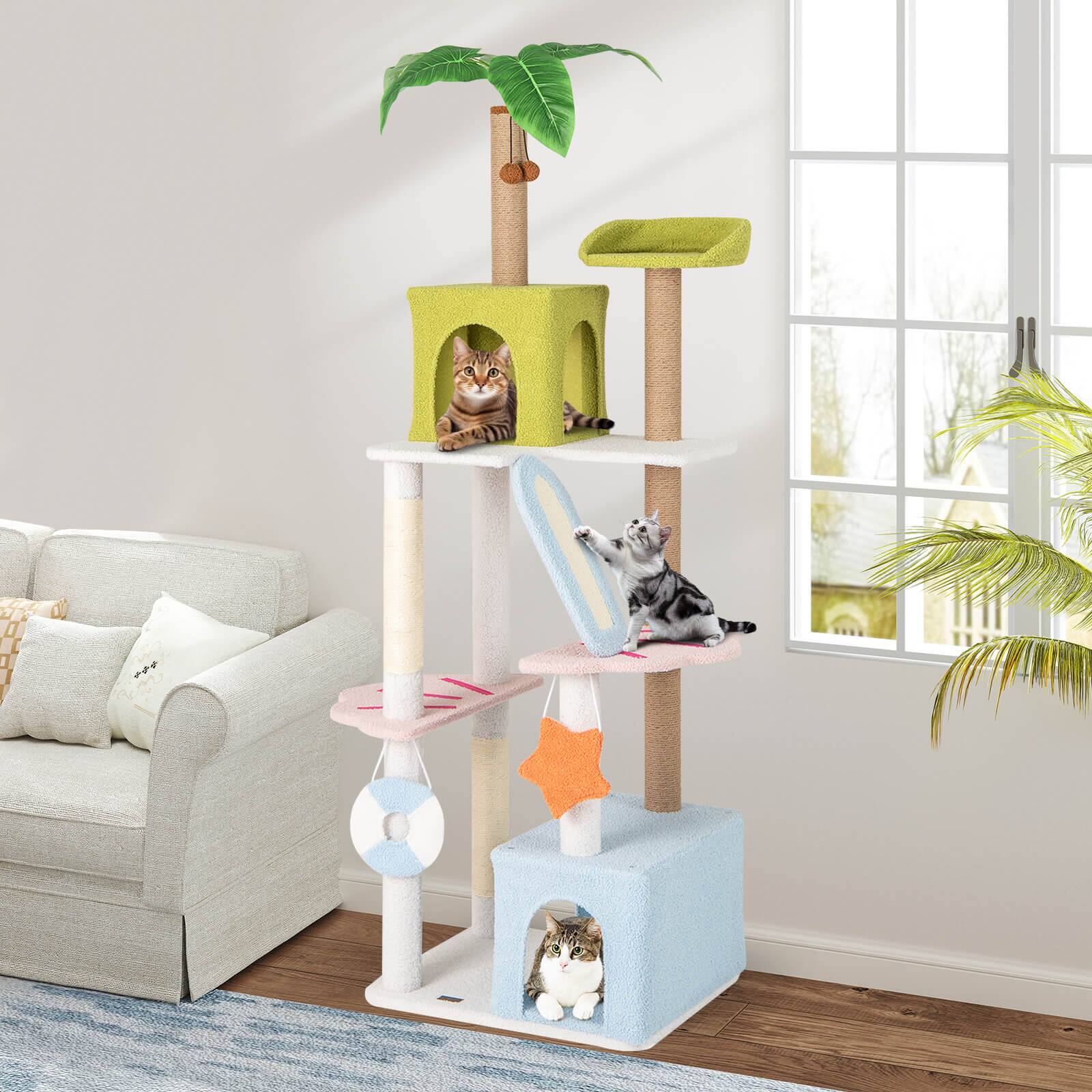 Alt View 3. Costway - Costway 71" Tall Cat Tree Multi-Level Aesthetic Beach-Themed Cat Tower w/ Jute Scratching Posts - Green,Blue,White.
