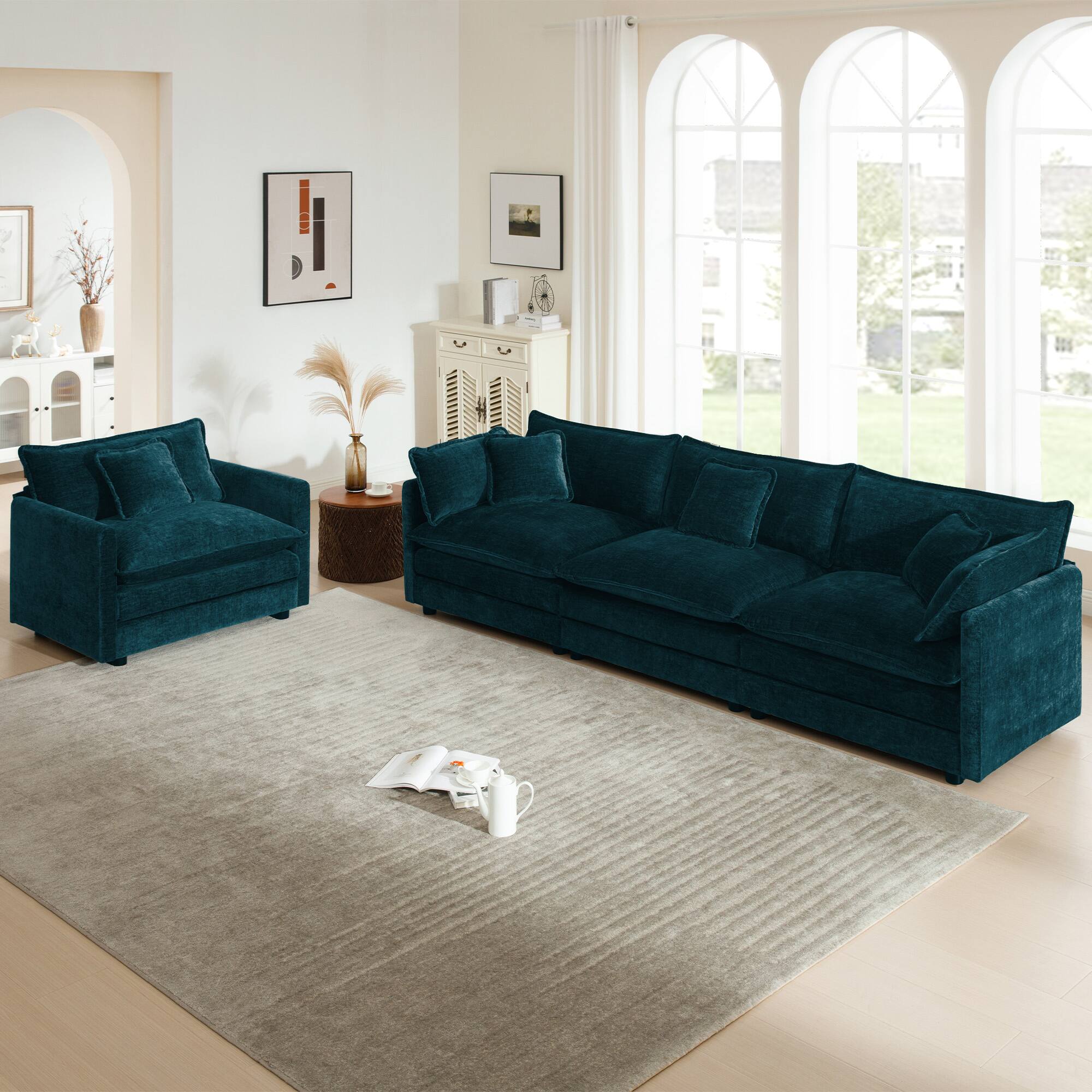 Angle. LOVMOR - Deep Seat Easy Assembly Set Of 2 Chenille Sofa Set For Living Room Bedroom Office Plush Cozy Lounge Indoor Den - Blue.