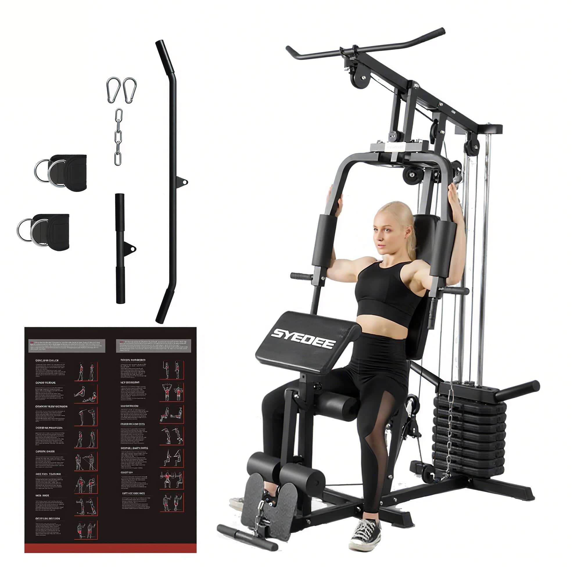 Syedee - Home Gym System, Home Gym Station with 100LBS Weight Stack,Workout Machine for Full Body Strength Training - Black