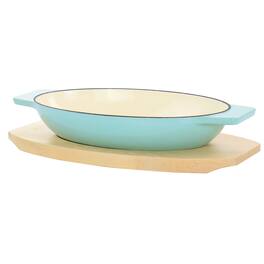 Martha Stewart - 2 Piece Enameled Cast Iron Oval Casserole Birch Wood Trivet Set - Aqua