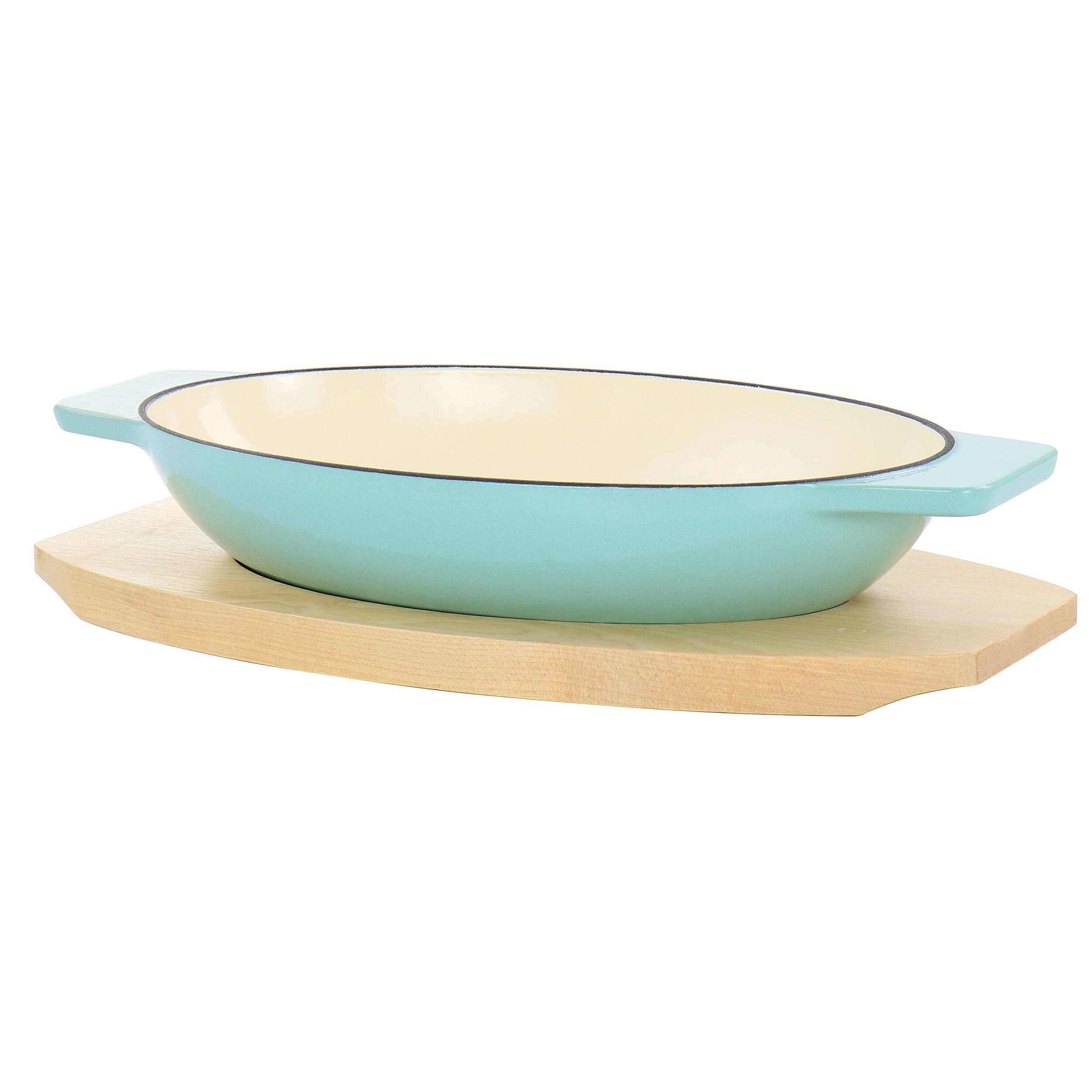 Front. Martha Stewart - Martha Stewart 2 Piece Enameled Cast Iron Oval Casserole Birch Wood Trivet Set in Aqua - Aqua.