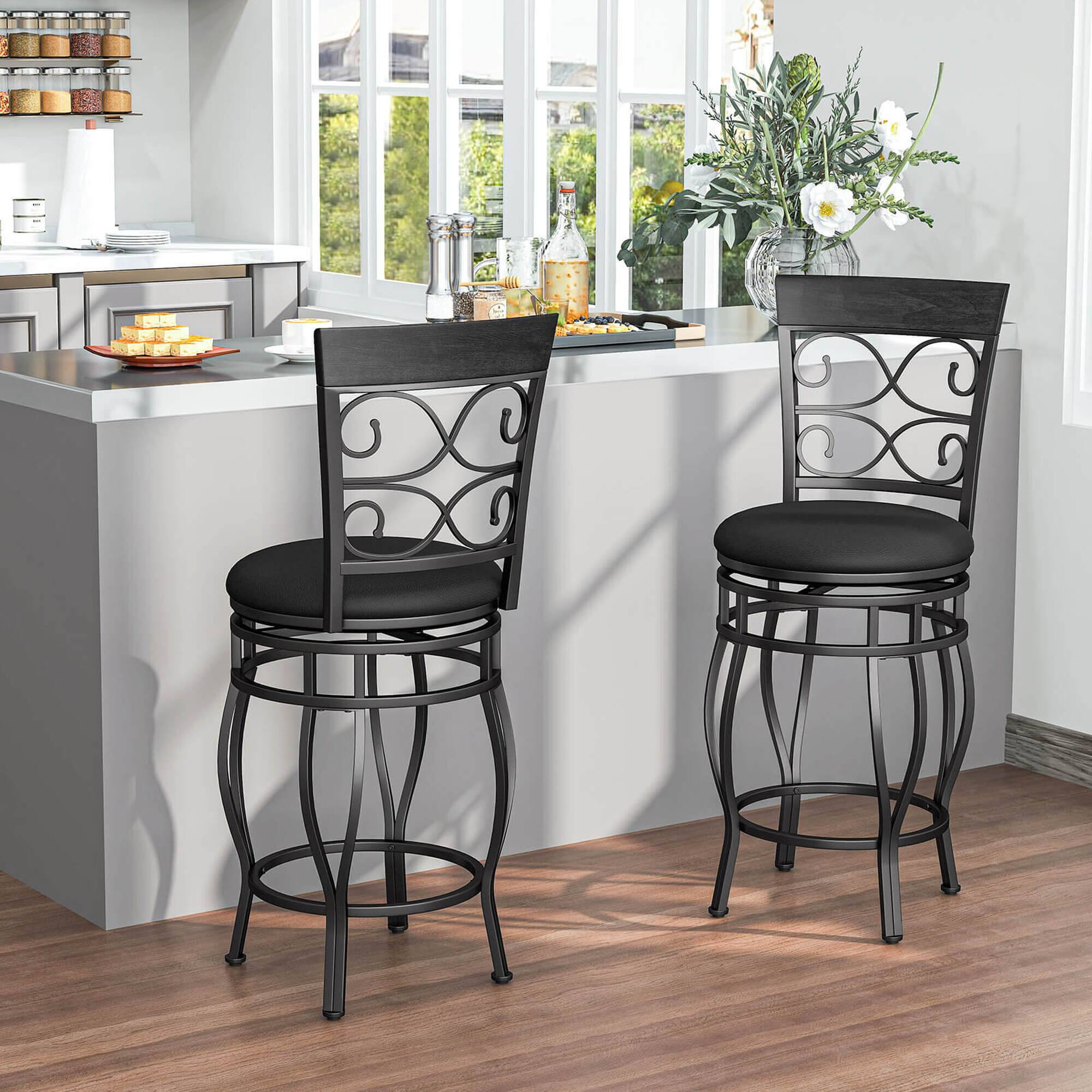 Alt View 1. Costway - Set of 4 Vintage Metal Swivel Bar Stools 26" Bistro Upholstered Dining Chairs - Black.
