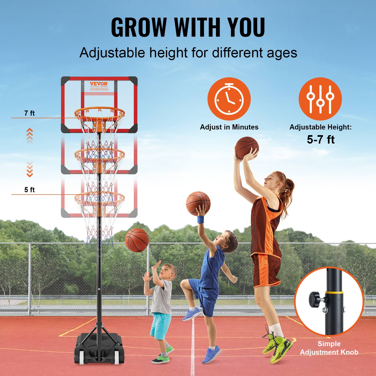 GROW WITH YOU | Adjustable height for different ages | VEVOR | 7 ft | Adjust in Minutes | Adjustable Height: 5-7 ft | 5 ft | Simple Adjustment Knob