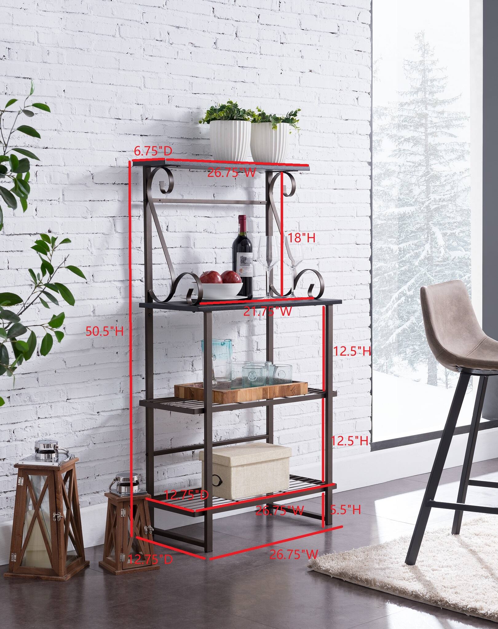 - 6.75" D
- 26.75" W
- 18" H
- 50.5" H
- 21.75" W
- 12.5" H
- 12.5" H
- 12.75" D
- 26.75" W
- 5.5" H