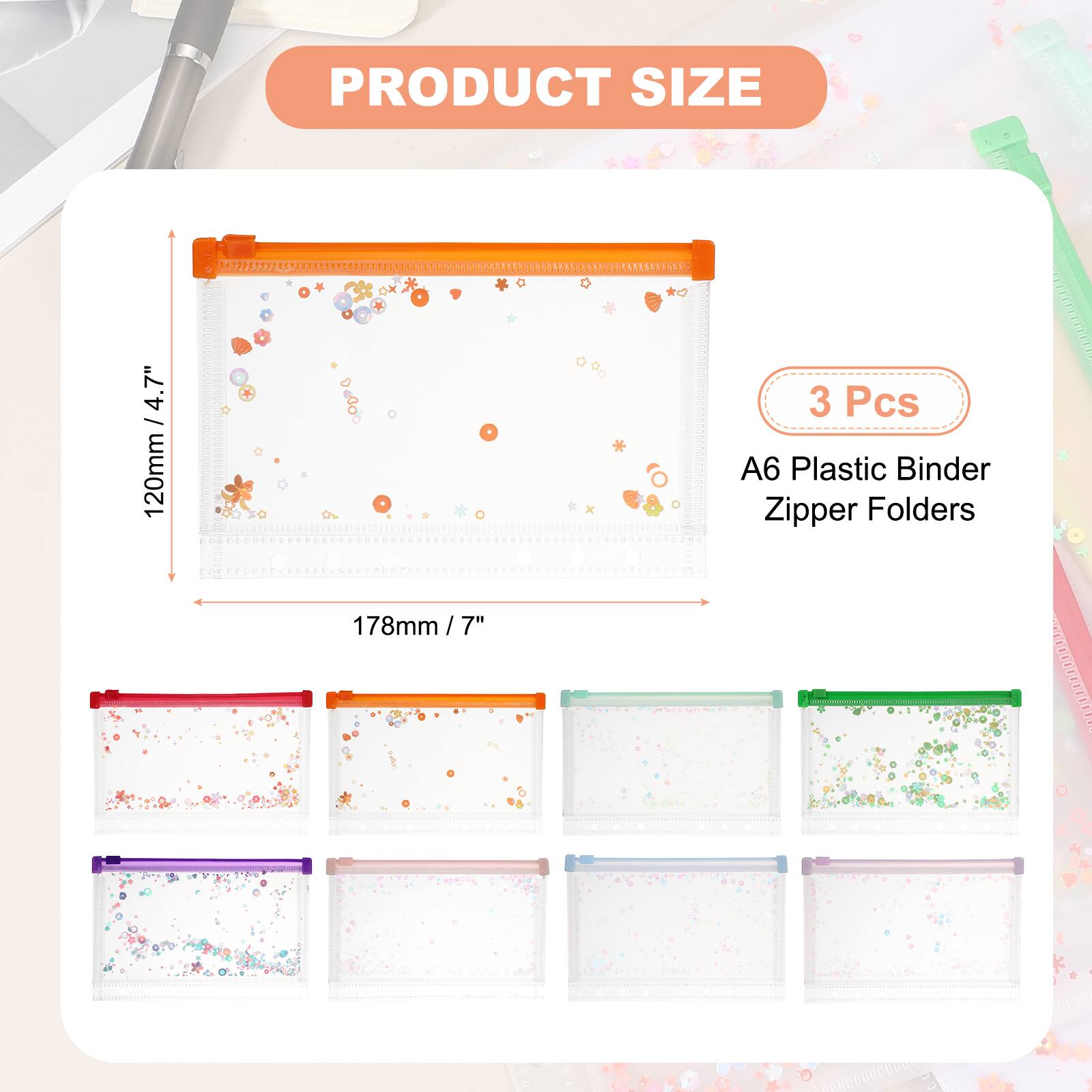 PRODUCT SIZE 4.7" / 120mm  
3 Pcs  
A6 Plastic Binder Zipper Folders  
178mm / 7"