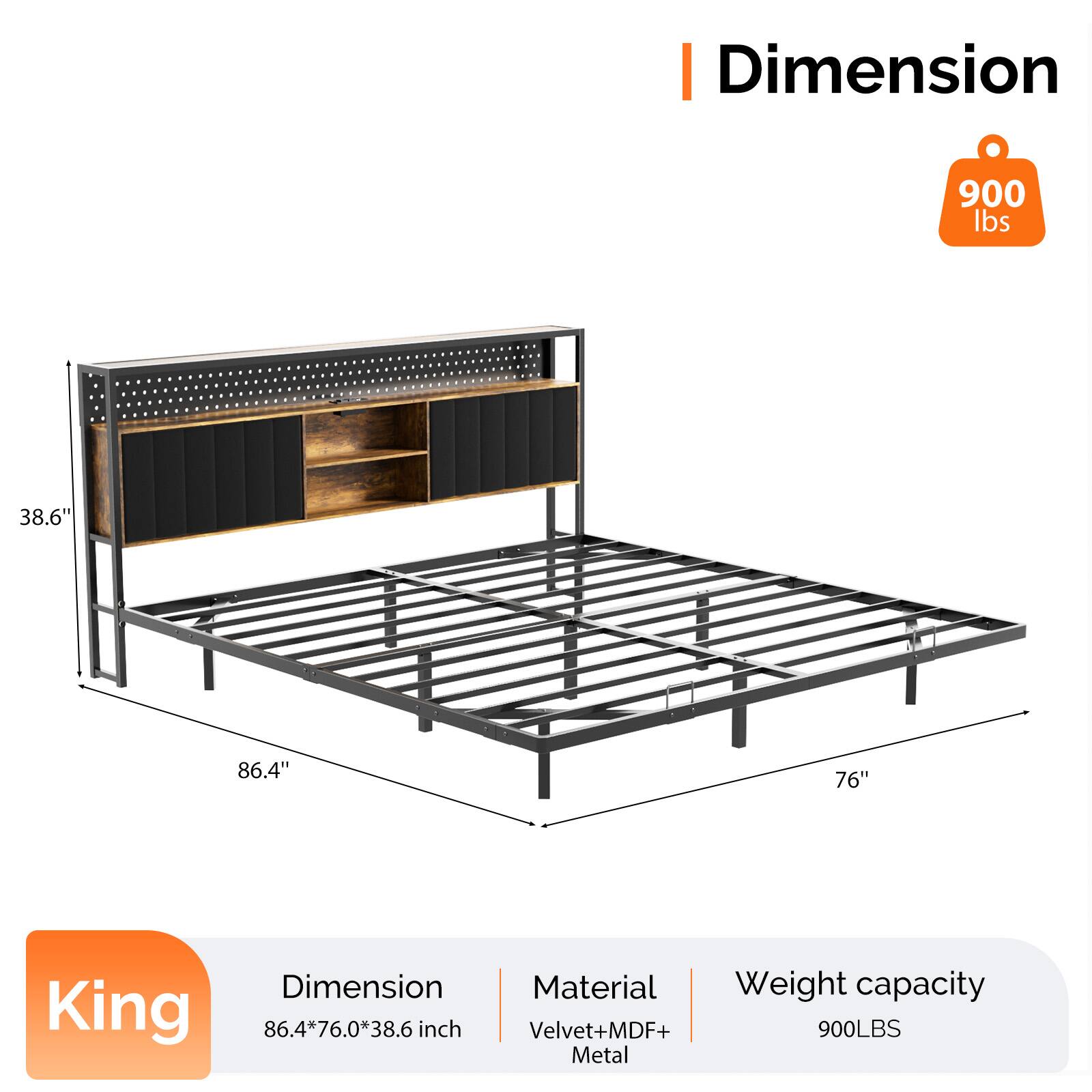 - Dimension: 86.4" x 76" x 38.6"
- Material: Velvet + MDF + Metal
- Weight capacity: 900 lbs
- Size: King
