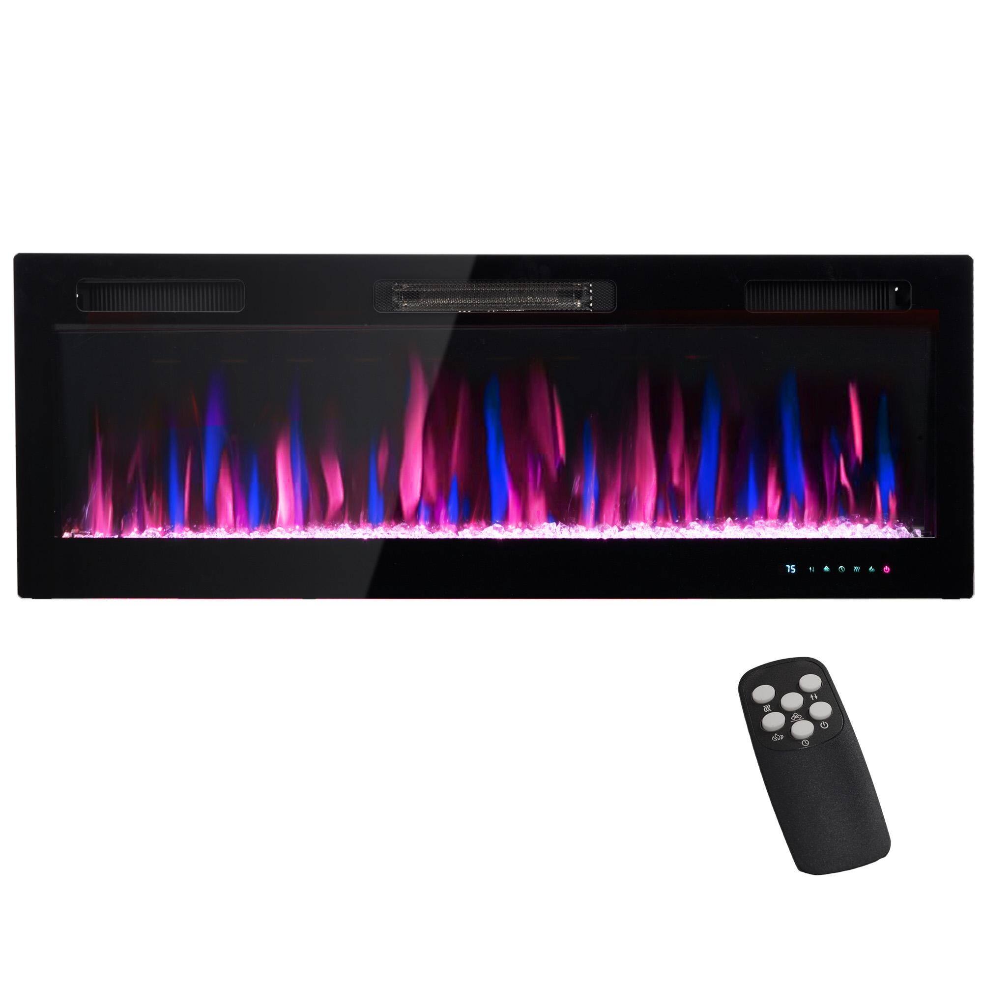 Front. Resenkos - 50" Electric Fireplace Recessed and Wall Mounted, 1500W Ultra-thin with Adjustable Flame, Black - Black.