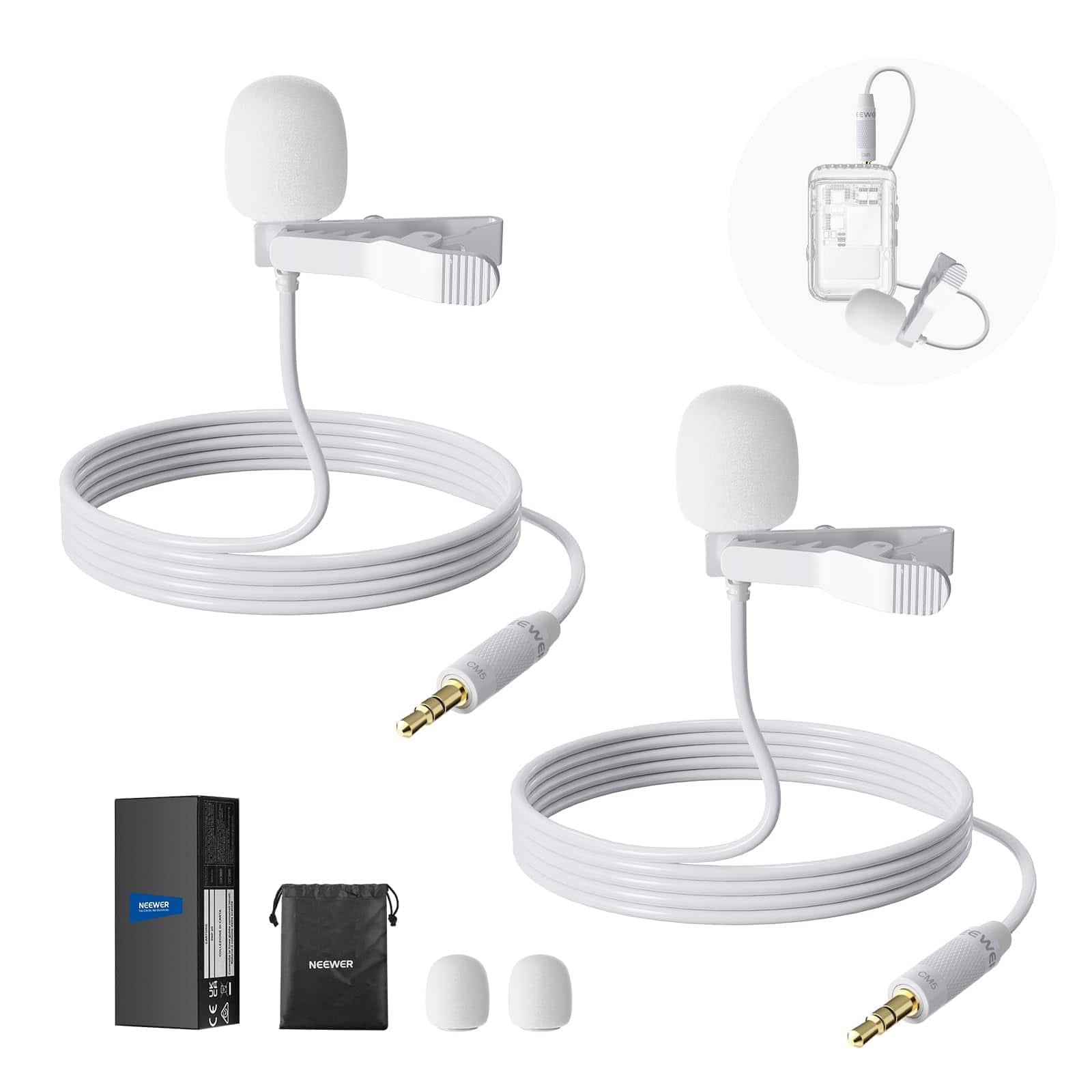 Neewer - 2-Pack Lavalier Mic for Rode GO II/DJI Wireless, Omnidirectional, White