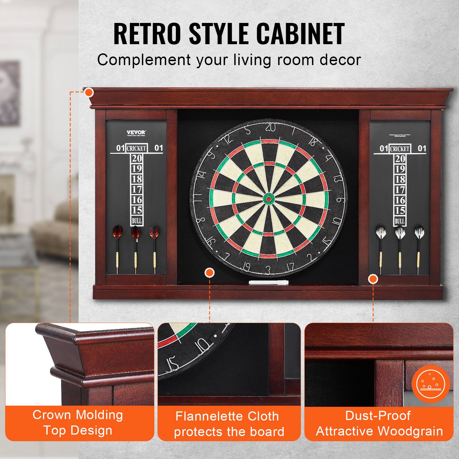 RETRO STYLE CABINET  
Complement your living room decor  

Crown Molding Top Design  
Flannelette Cloth protects the board  
Dust-Proof Attractive Woodgrain
