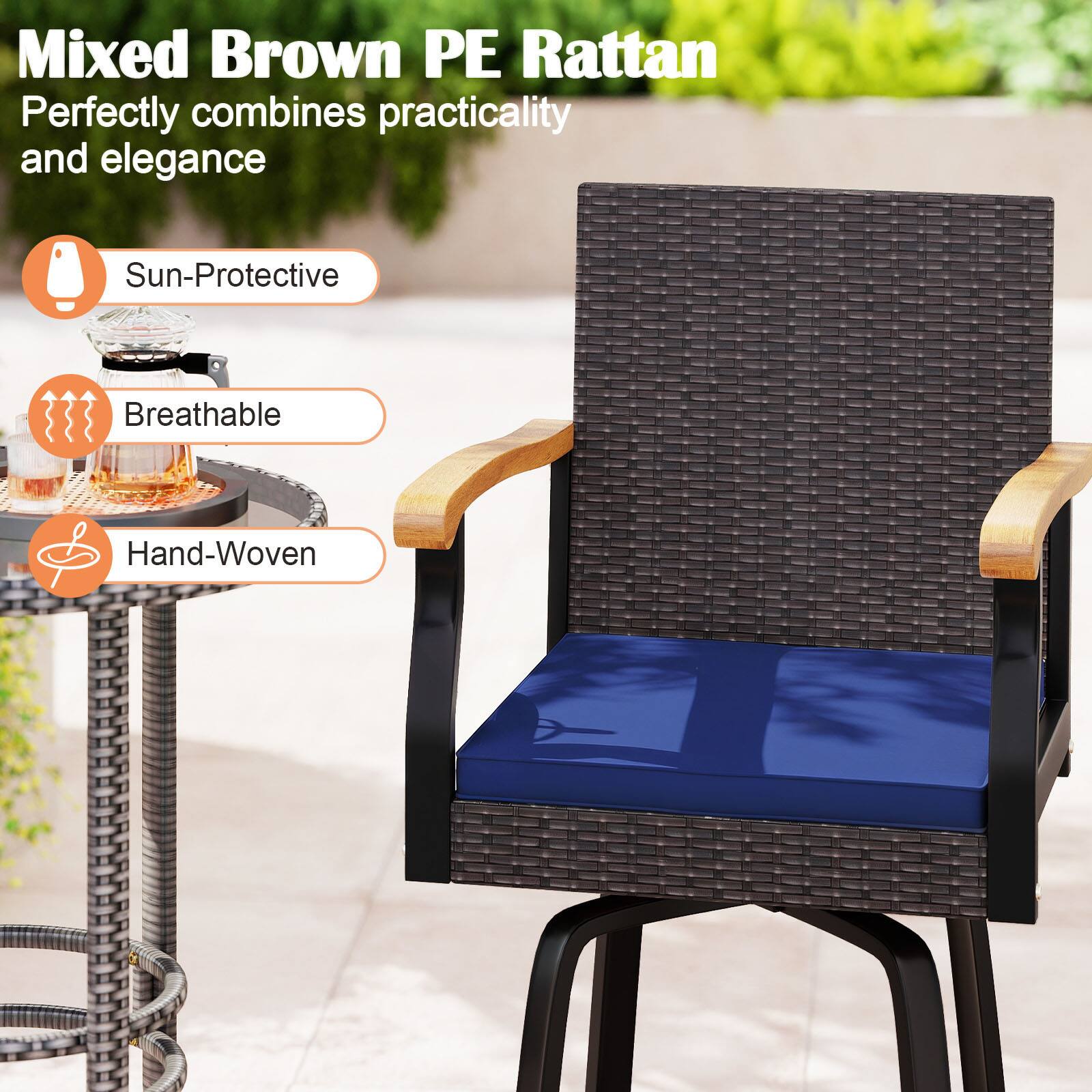 Mixed Brown PE Rattan  
Perfectly combines practicality and elegance  

Sun-Protective  
Breathable  
Hand-Woven