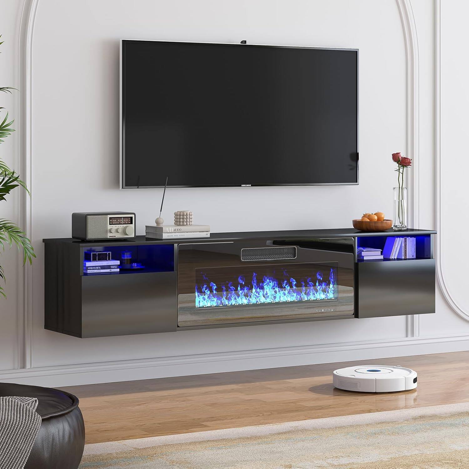 Alt View 1. Circus Cirle - 70" Floating TV Stand with 36" Electric Fireplace Heater - Black.