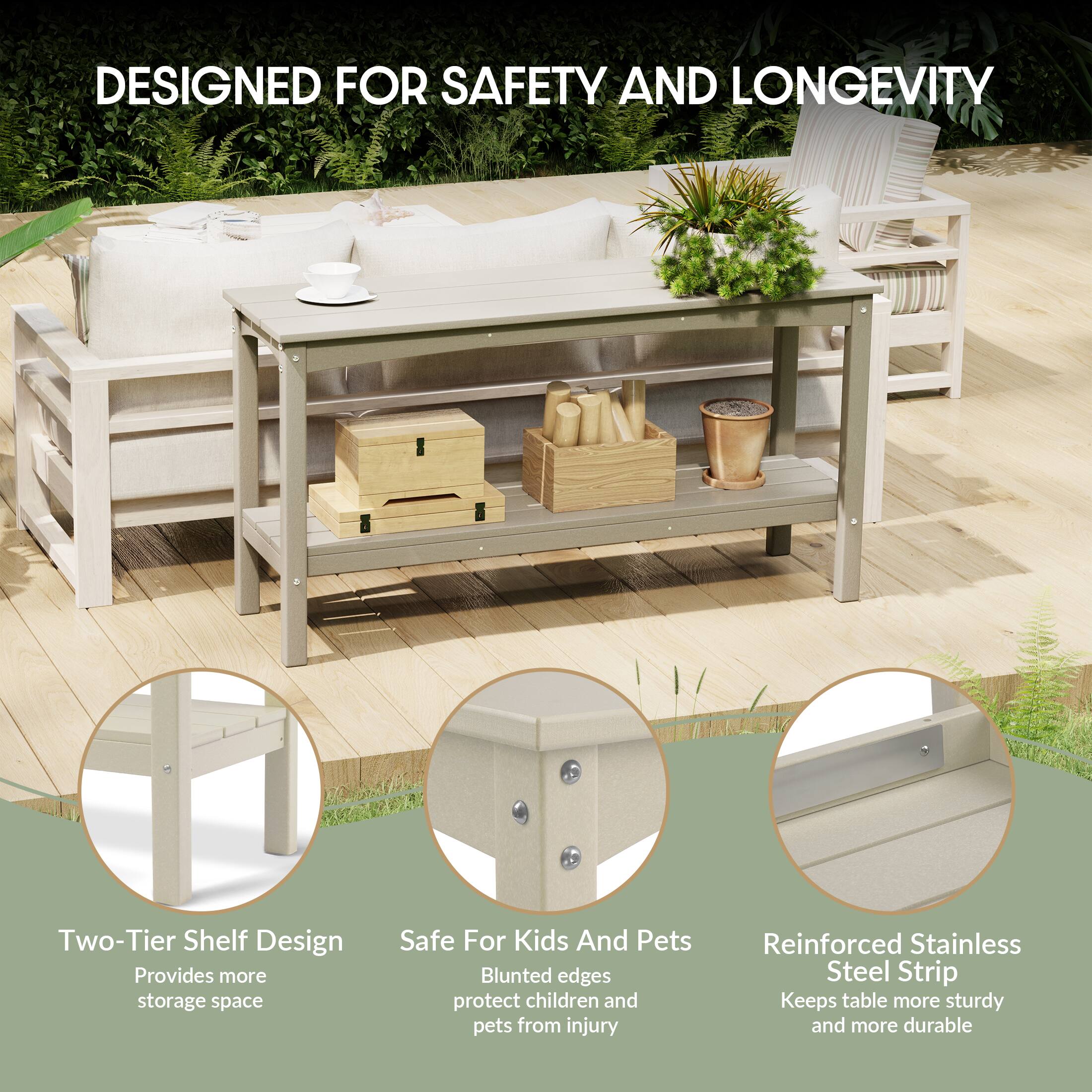 DESIGNED FOR SAFETY AND LONGEVITY

- Two-Tier Shelf Design
  - Provides more storage space

- Safe For Kids And Pets
  - Blunted edges protect children and pets from injury

- Reinforced Stainless Steel Strip
  - Keeps table more sturdy and more durable