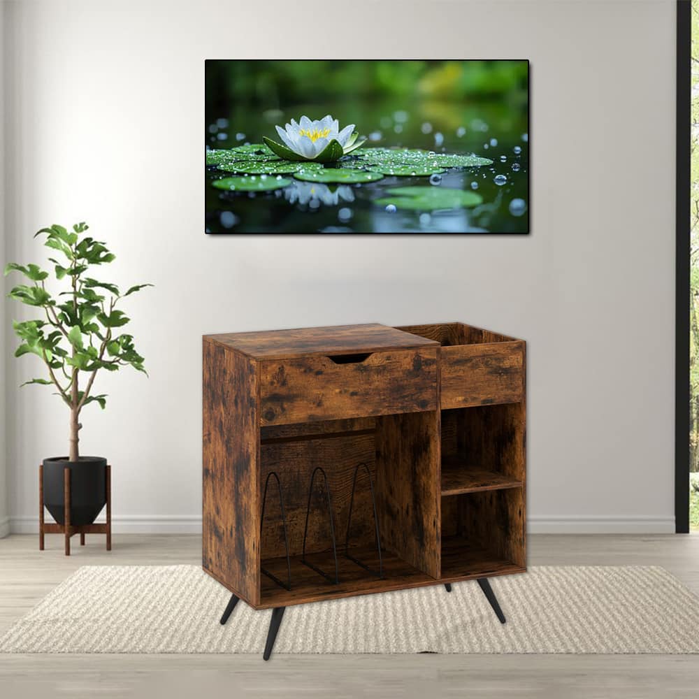 Hivvago - Turntable Storage Stand with Built-In Power Station - Rustic Brown