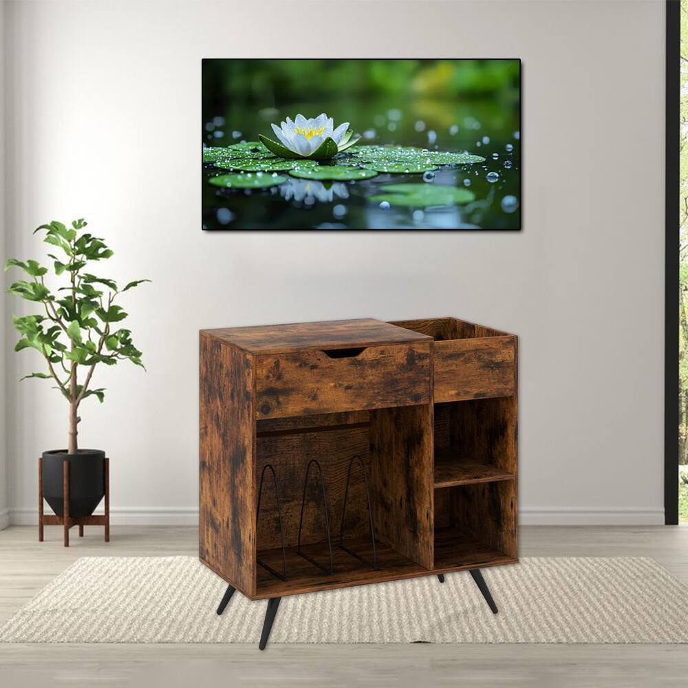 Front. Hivvago - Turntable Storage Stand with Built-In Power Station - Rustic Brown.