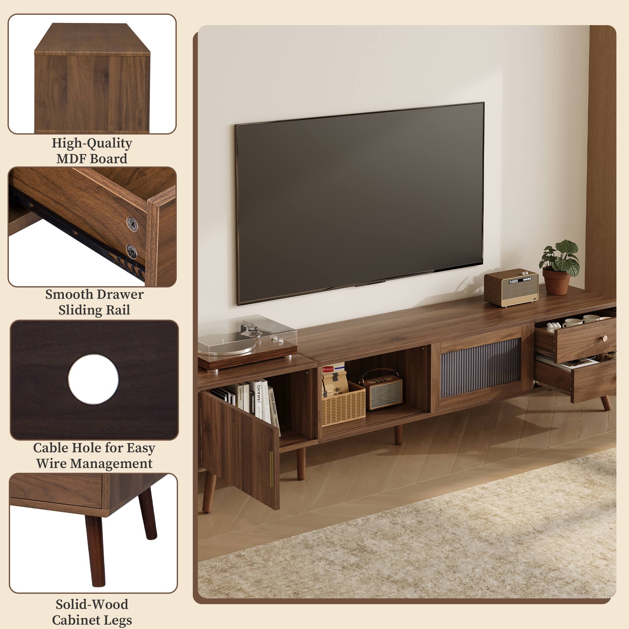 High-Quality MDF Board  
Smooth Drawer Sliding Rail  
Cable Hole for Easy Wire Management  
Solid-Wood Cabinet Legs