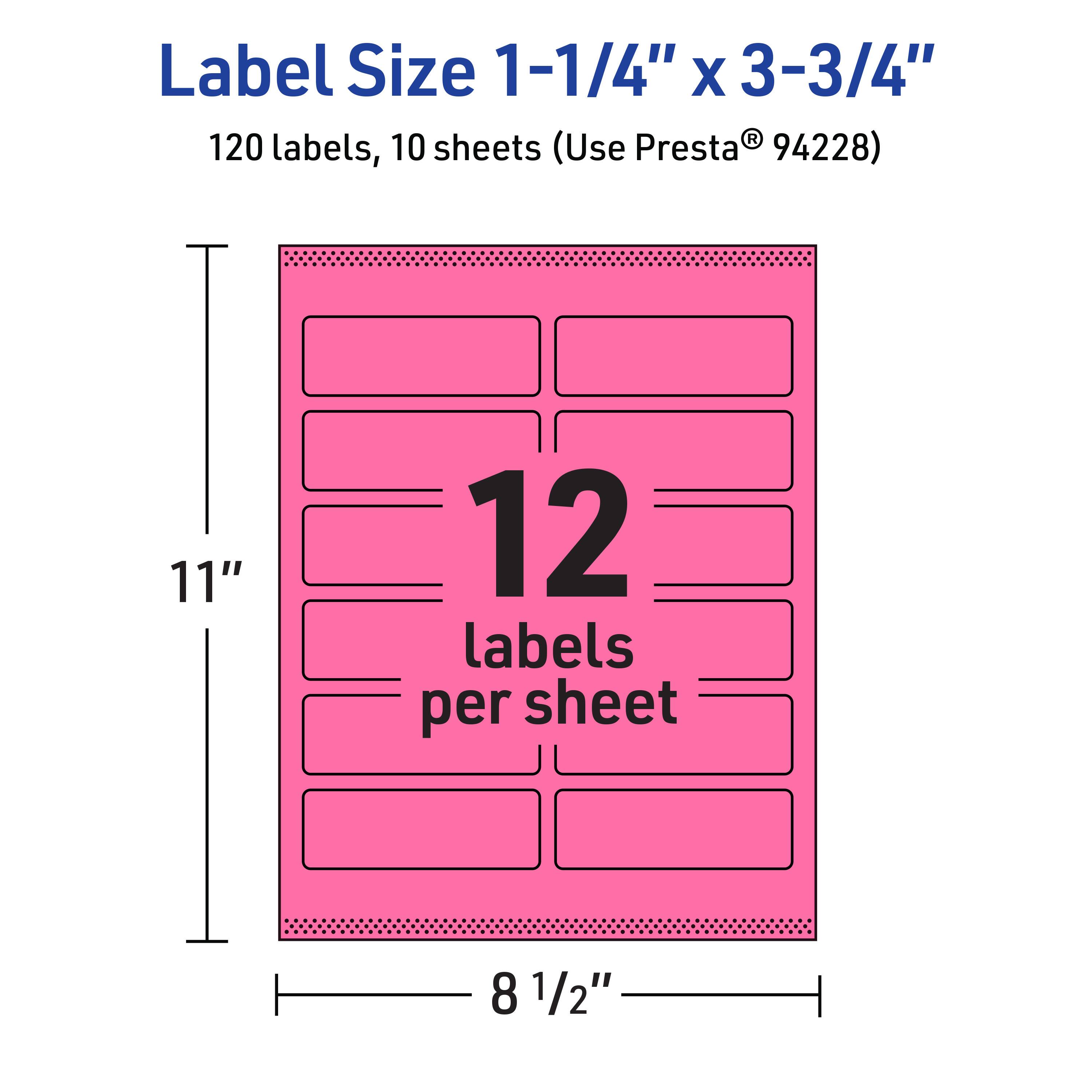 Label Size 1-1/4" x 3-3/4"  
120 labels, 10 sheets (Use Presta® 94228)  
12 labels per sheet  
11" x 8 1/2"