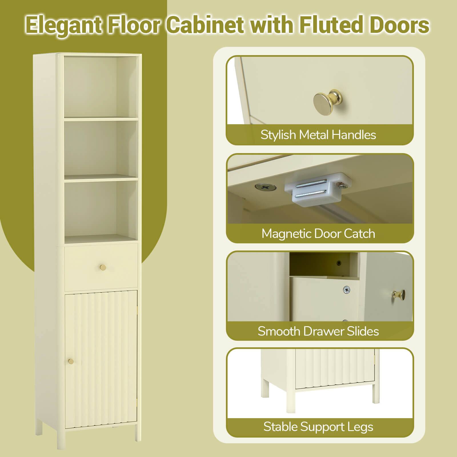 Elegant Floor Cabinet with Fluted Doors

- Stylish Metal Handles
- Magnetic Door Catch
- Smooth Drawer Slides
- Stable Support Legs