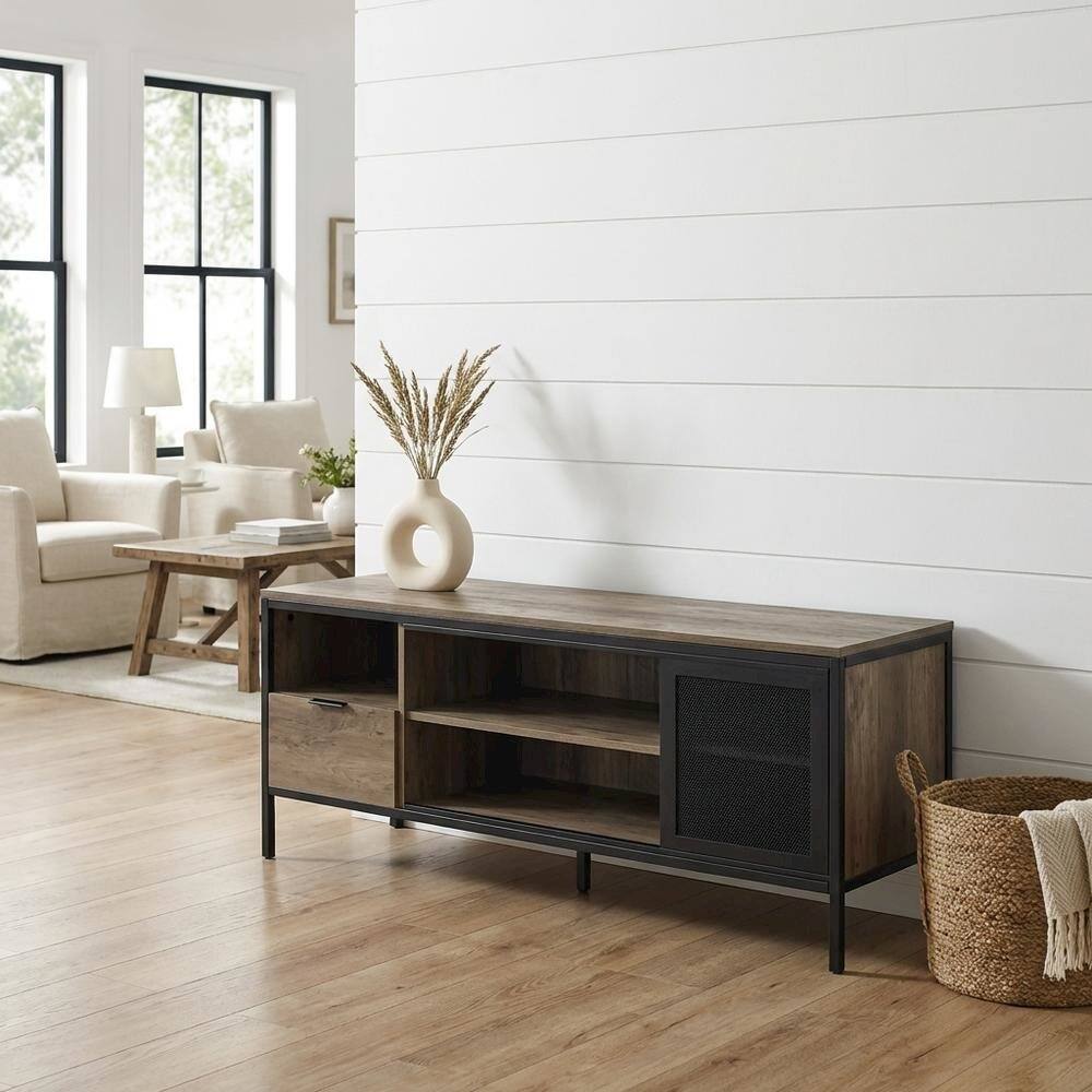 Alt View 1. FurniFact - Industrial-style TV stand in Rustic Oak and Black finish with metal accents - Gray.