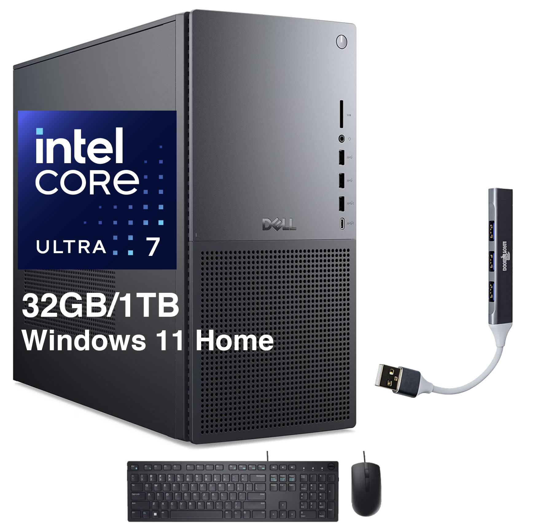 Dell - Tower Plus EBT2250 Desktop (Intel Ultra 7-265, 32GB DDR5, 1TB SSD, GeForce RTX 5070, Win 11 Home) w/USB Hub - Black