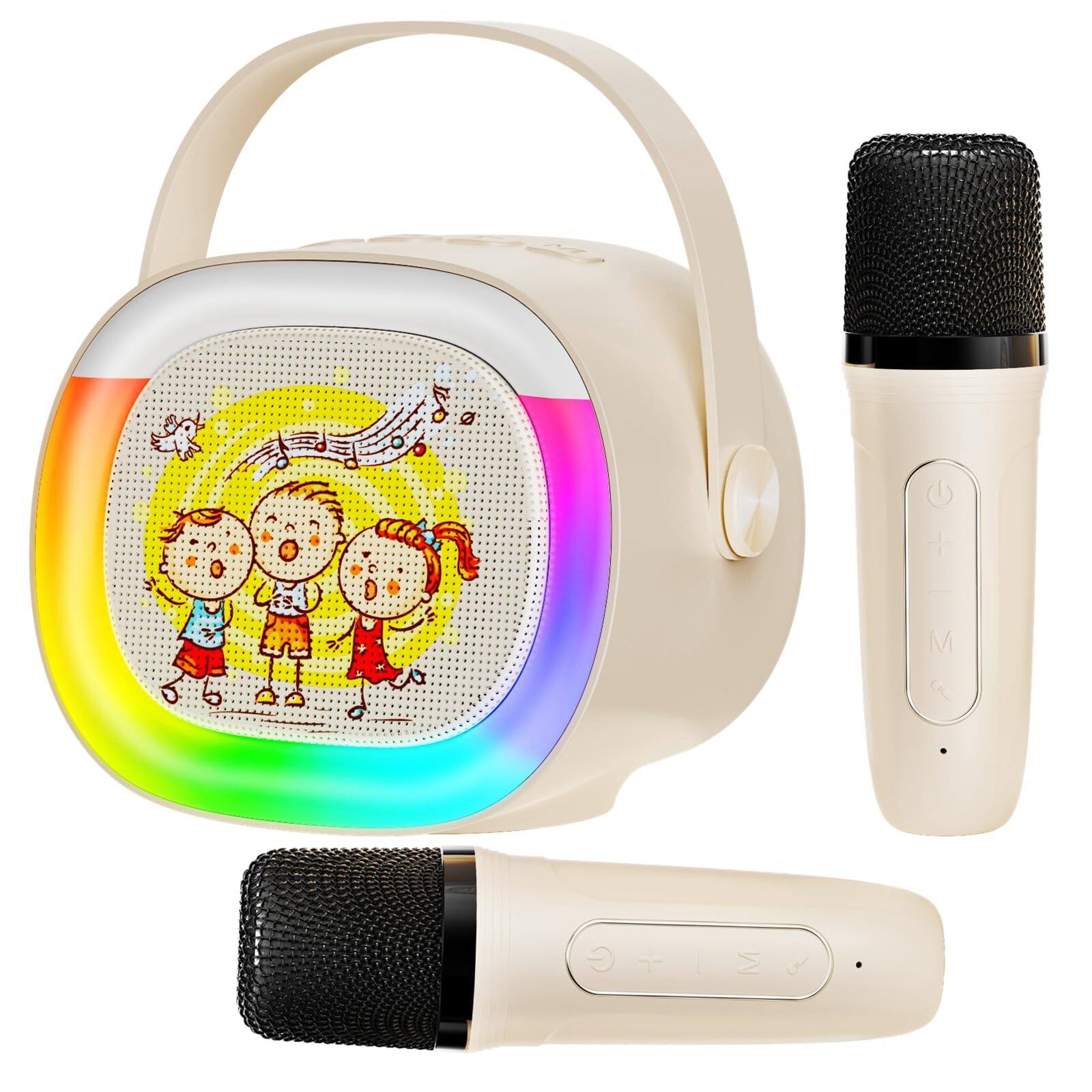 Alt View 6. Cedar Assembly - Mini Karaoke Machine For Kids Portable With 2 Microphones Colorful Led Lights Home Parties Music Toys Fam... - Beige-1 Mic.