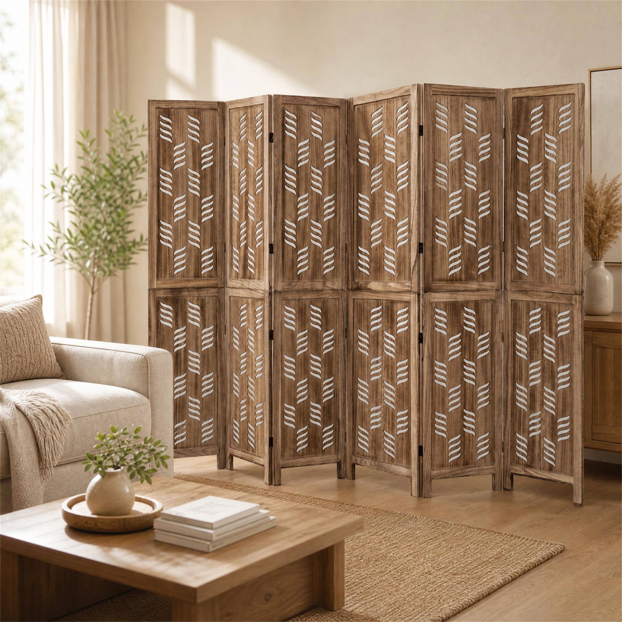 Alt View 2. Boyel Living - 5.5 FT Tall Room Divider 6 Panels with Wave Cutout & Paulownia Frame for Room-Brown - Brown.