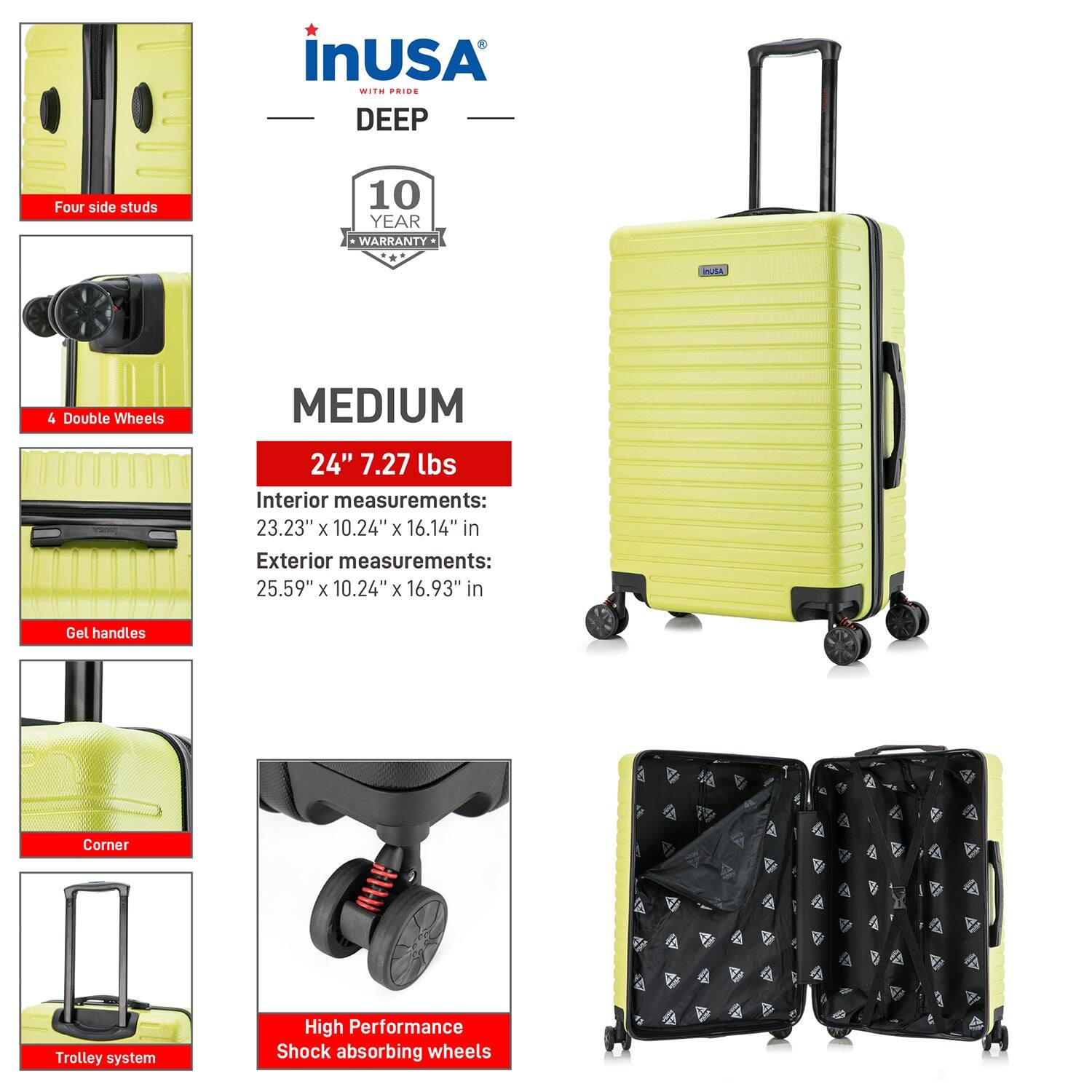 InUSA - DEEP  
10 YEAR WARRANTY  

MEDIUM  
24" 7.27 lbs  

Interior measurements:  
23.23" x 10.24" x 16.14" in  

Exterior measurements:  
25.59" x 10.24" x 16.93" in  

Four side studs  
4 Double Wheels  
Gel handles  
Corner  
Trolley system  
High Performance Shock absorbing wheels