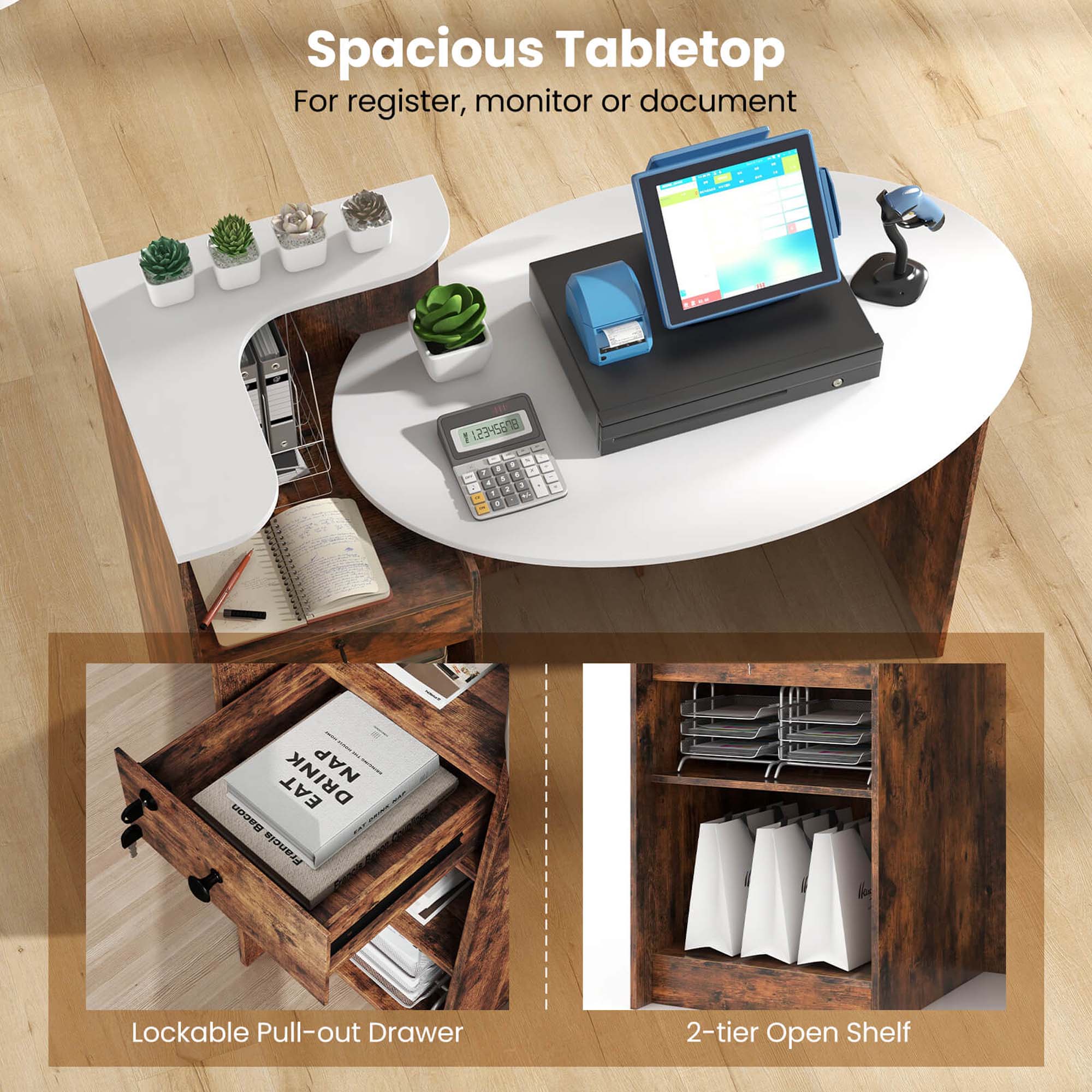 Spacious Tabletop For register, monitor or document 123-567 8 1 - . - - a  a - d . - - . a DRINK NAP EAT DD France Lockable Pull-out Drawer 2-tier Open Shelf