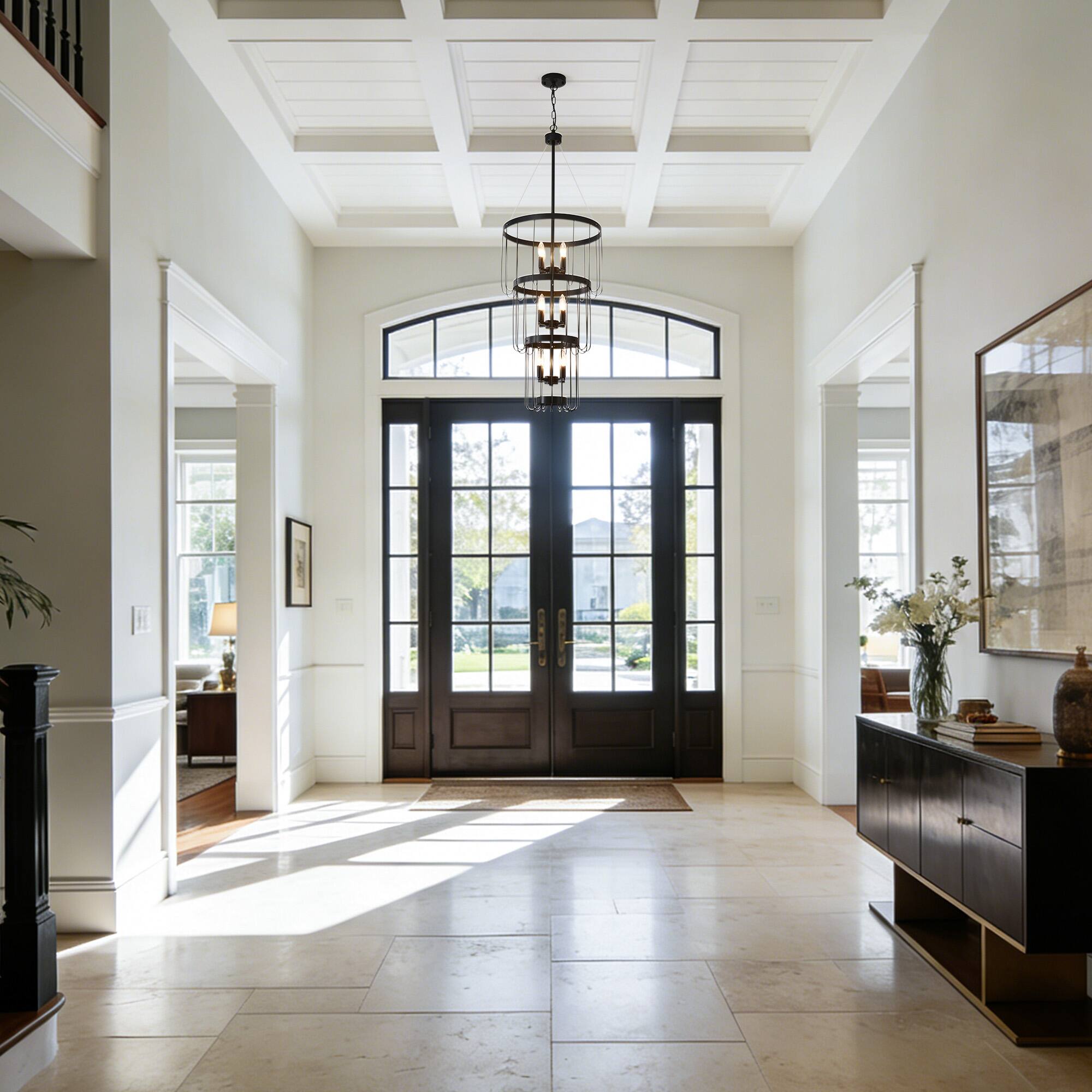 Left. RYHNUYNE - 18" Black Farmhouse Chandelier,12 Light Lantern Tiered Pendant Light Fixtures for Entryway,Large Chandeliers.