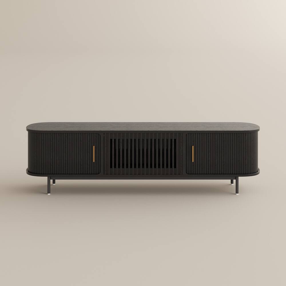 Alt View 8. POVISON - 79"Mid-Century Modern Tambour Door TV Stand with LED Lights - Black with LED Lights.